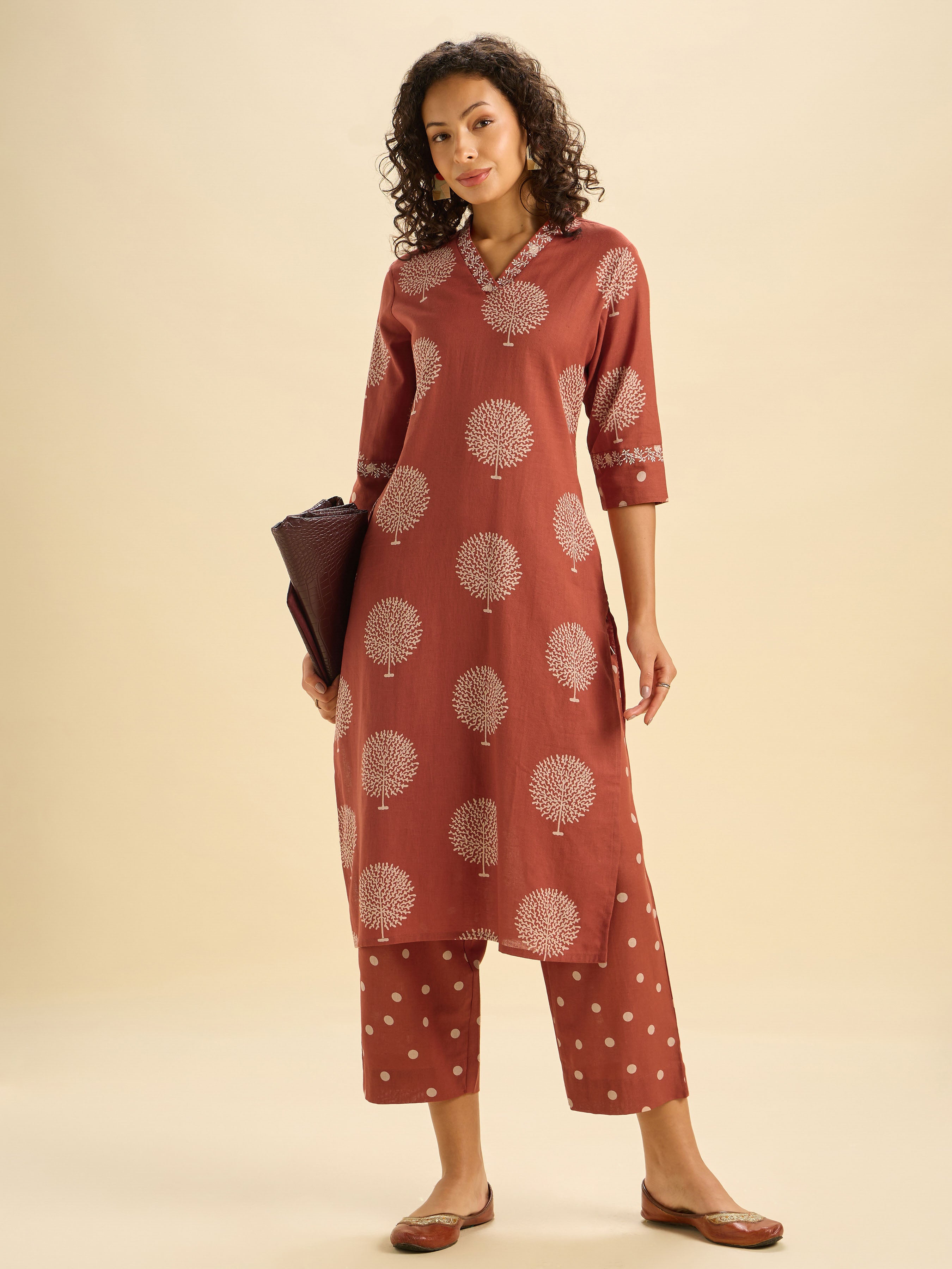 Brick Red Cotton Flax Printed Kurti Set With Embroidery