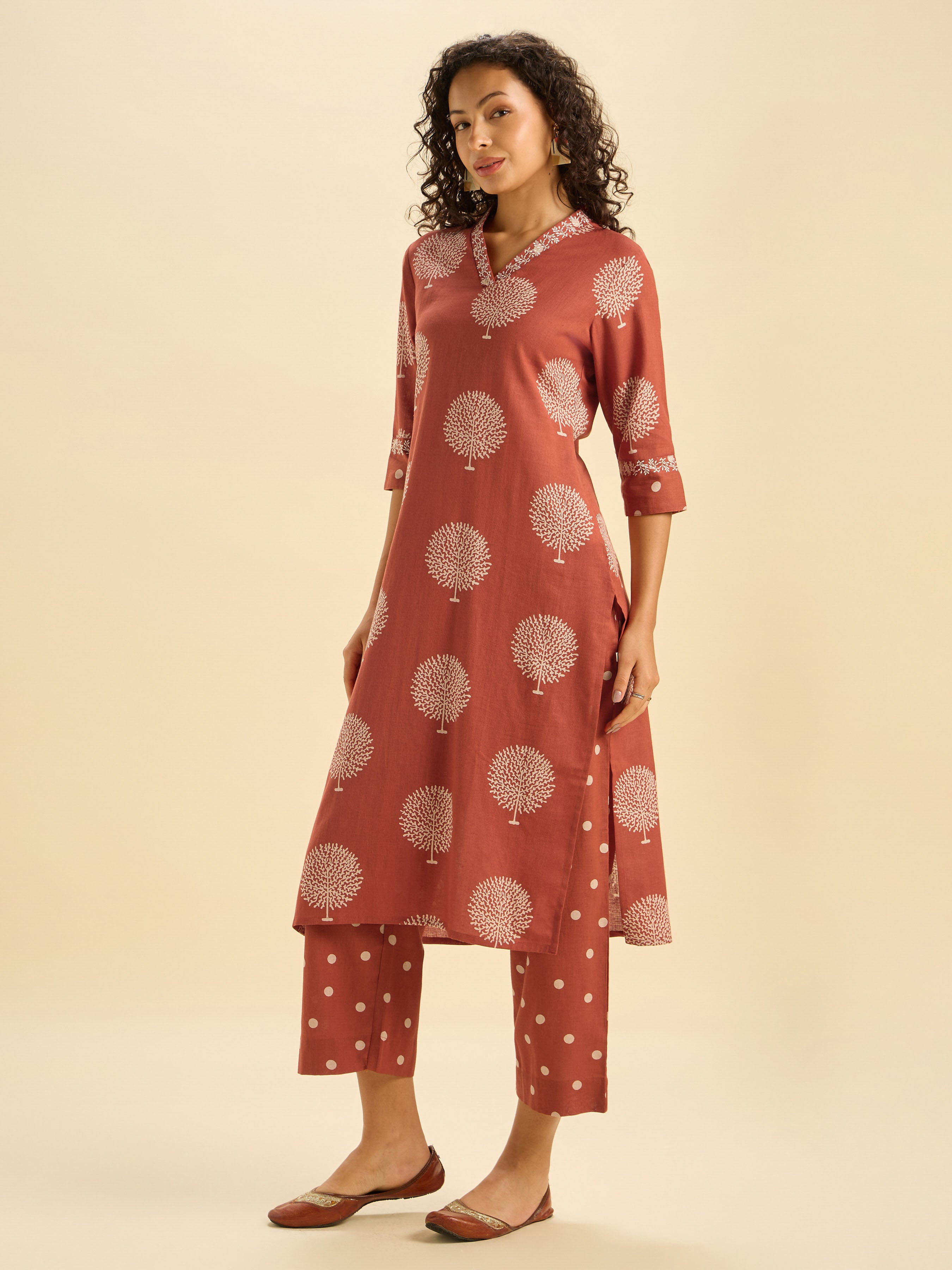 Brick Red Cotton Flax Printed Kurti Set With Embroidery