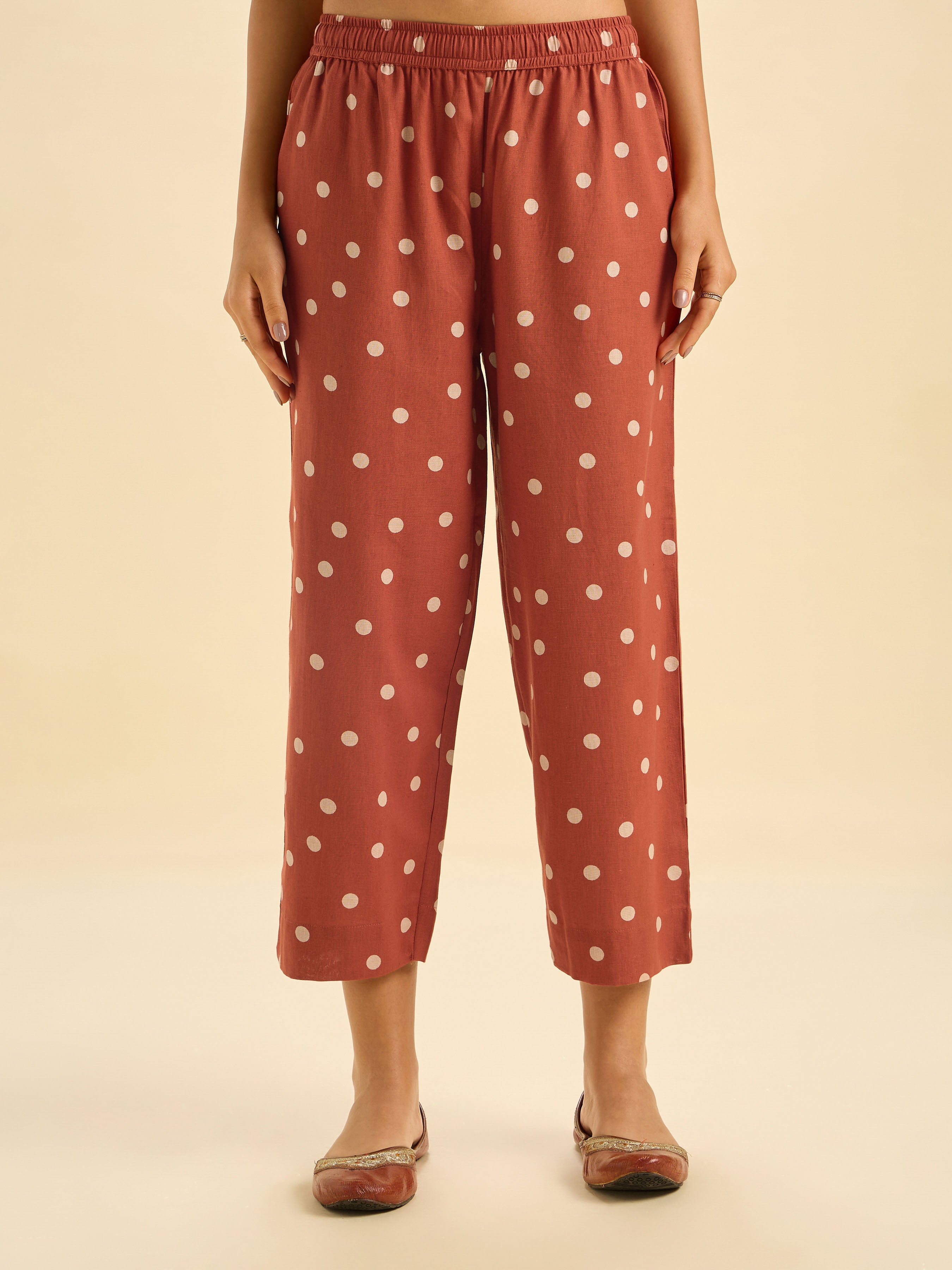 Brick Red Cotton Flax Printed Kurti Set With Embroidery