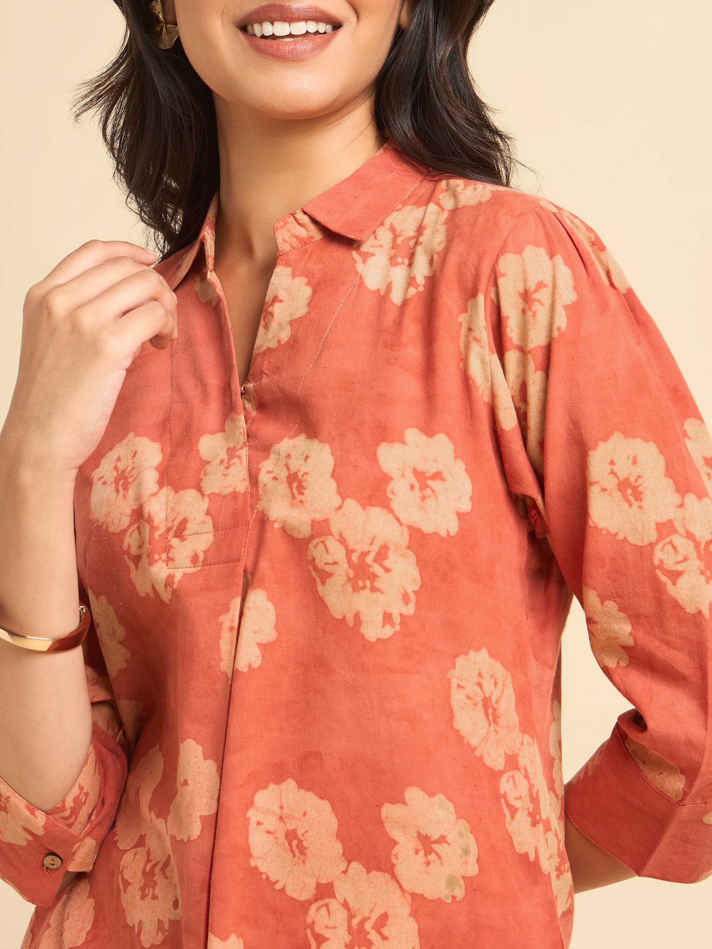 Brick Red Cotton Printed Slitted  Kurti With Knife Pleat