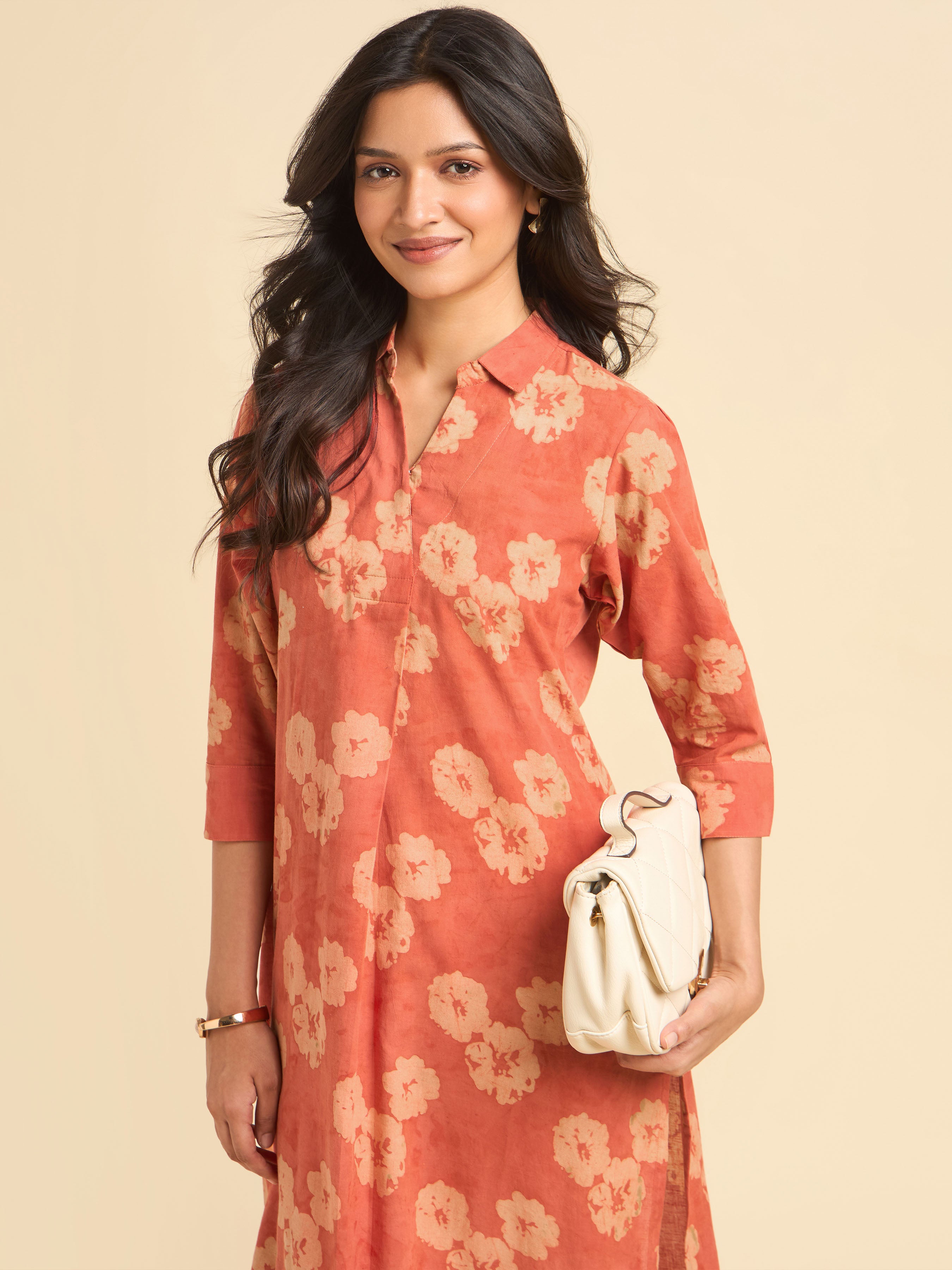 Brick Red Cotton Printed Slitted  Kurti With Knife Pleat