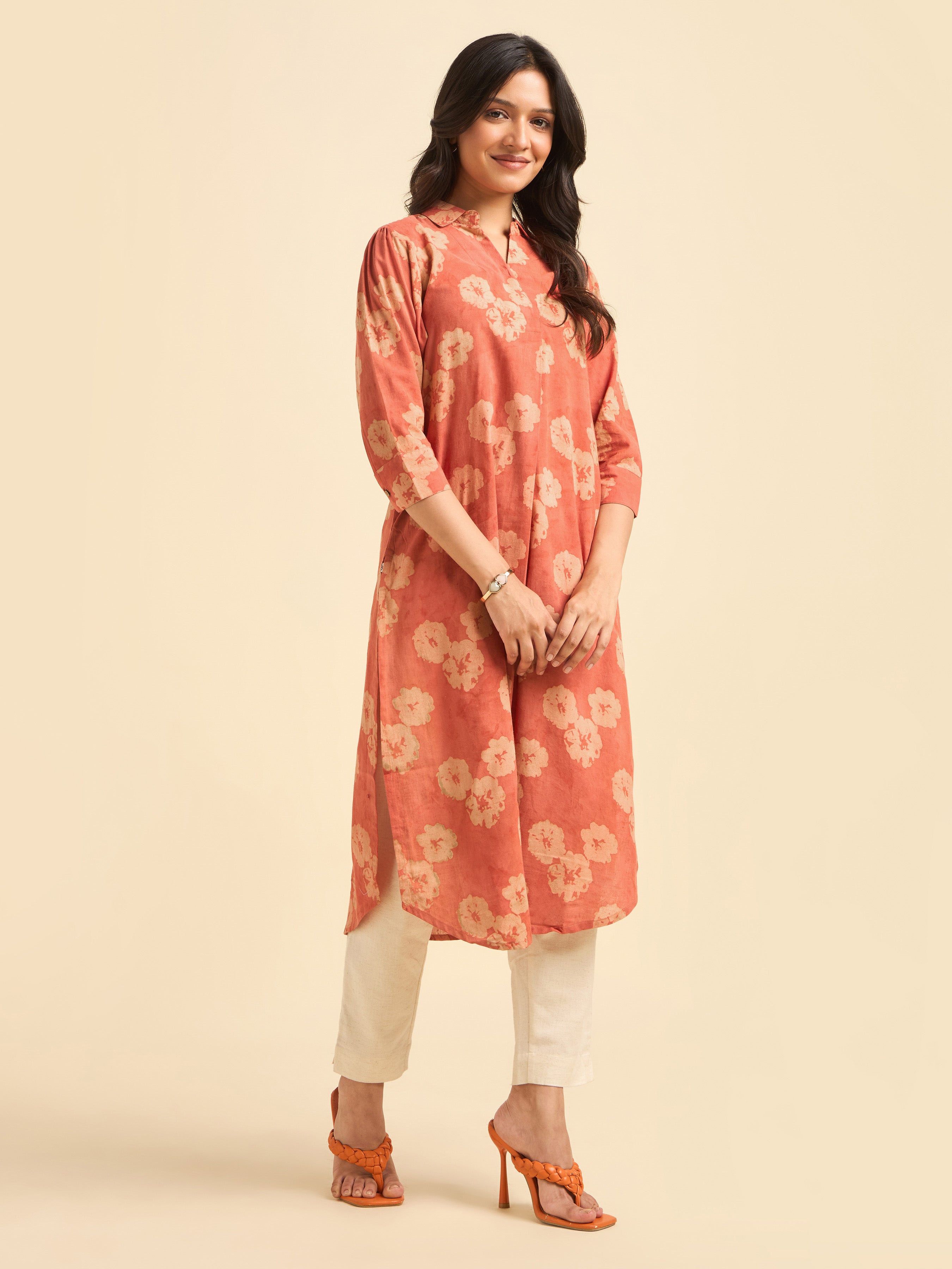 Brick Red Cotton Printed Slitted  Kurti With Knife Pleat