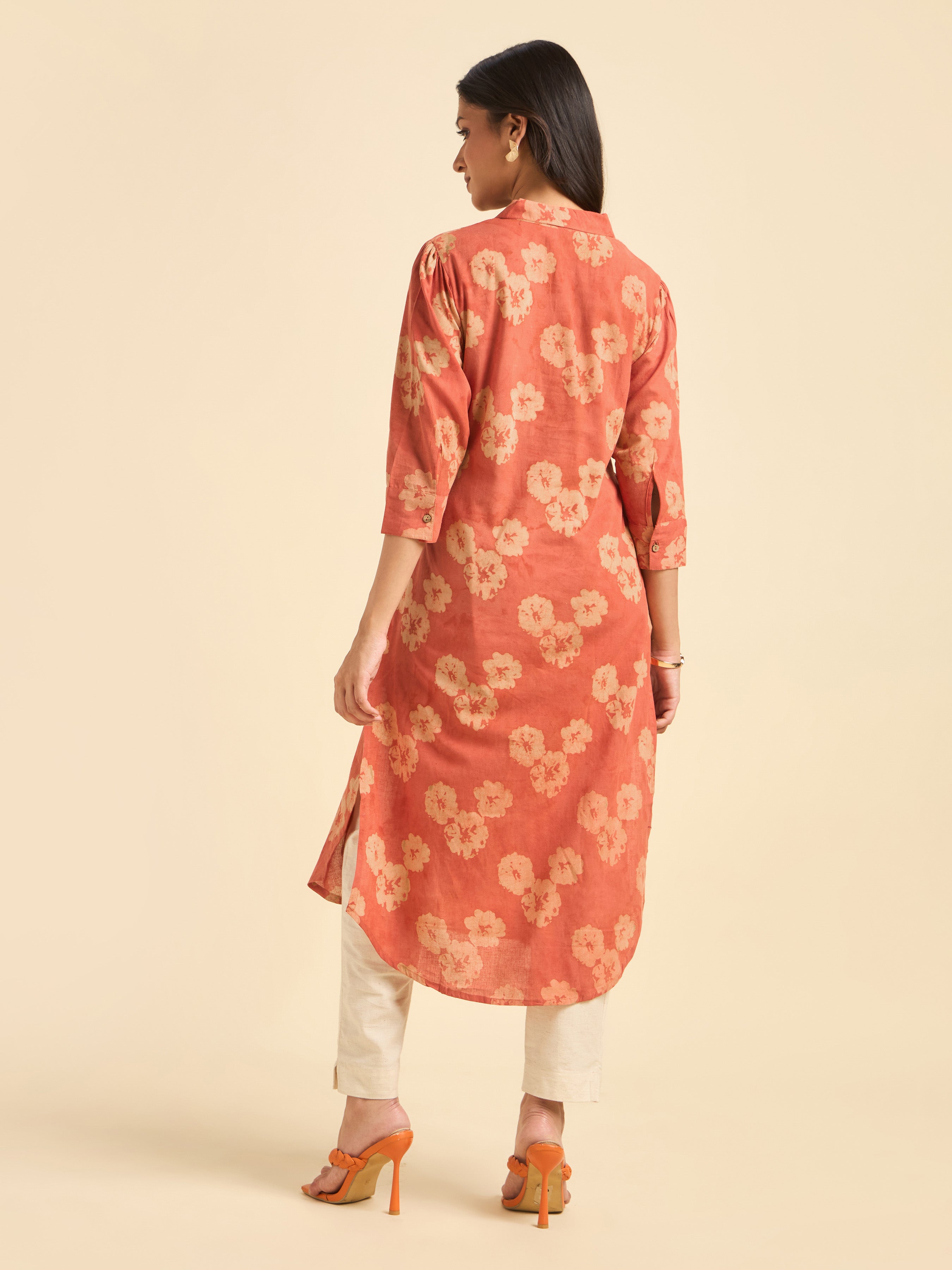 Brick Red Cotton Printed Slitted  Kurti With Knife Pleat