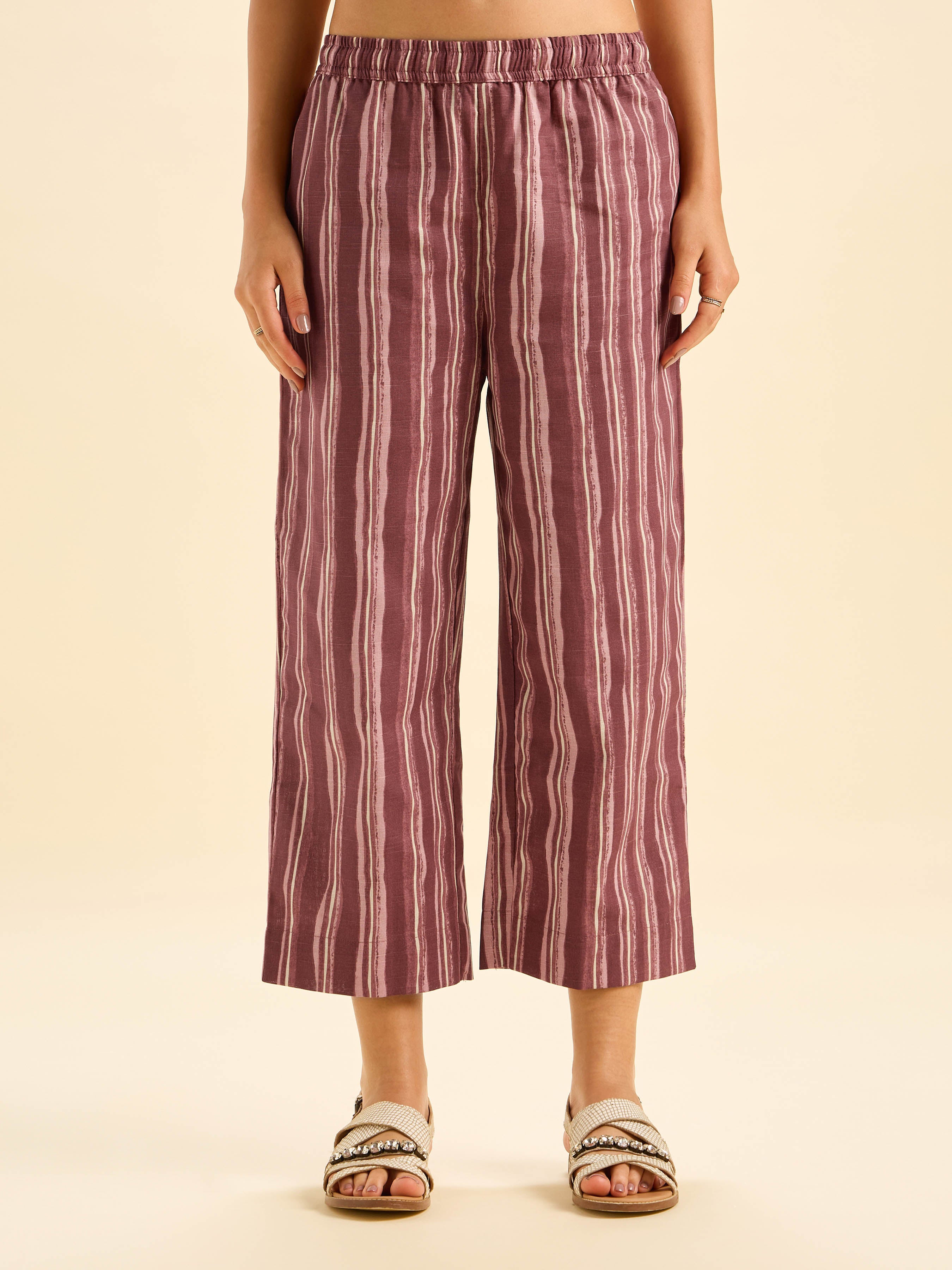 Brick Red Ivory Cotton Flax Slub Printed Kurti Set With Lace