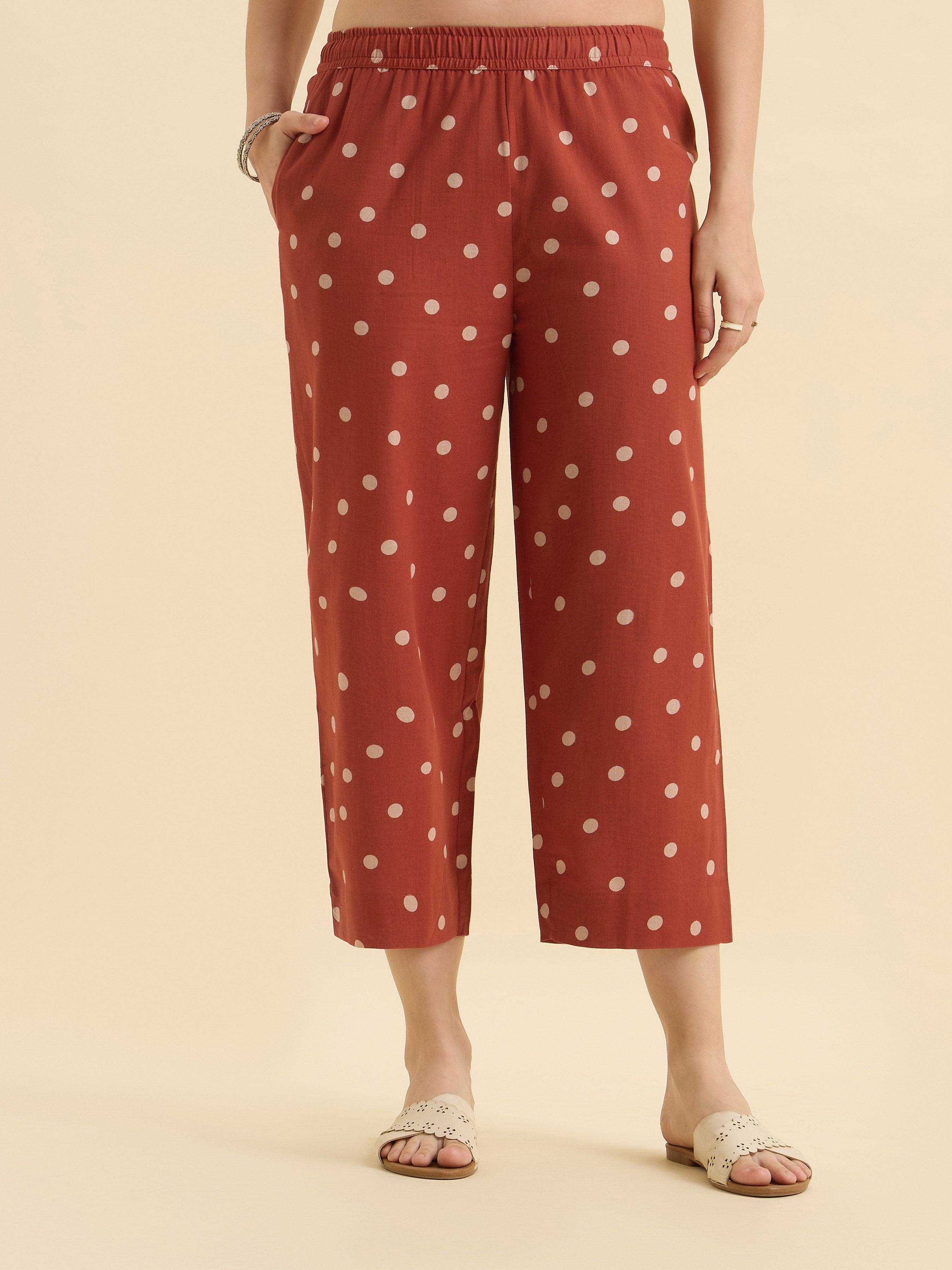 Brick Red Ivory Cotton Flax Printed Flared Sleeveless Kurti Set With Centre Cut