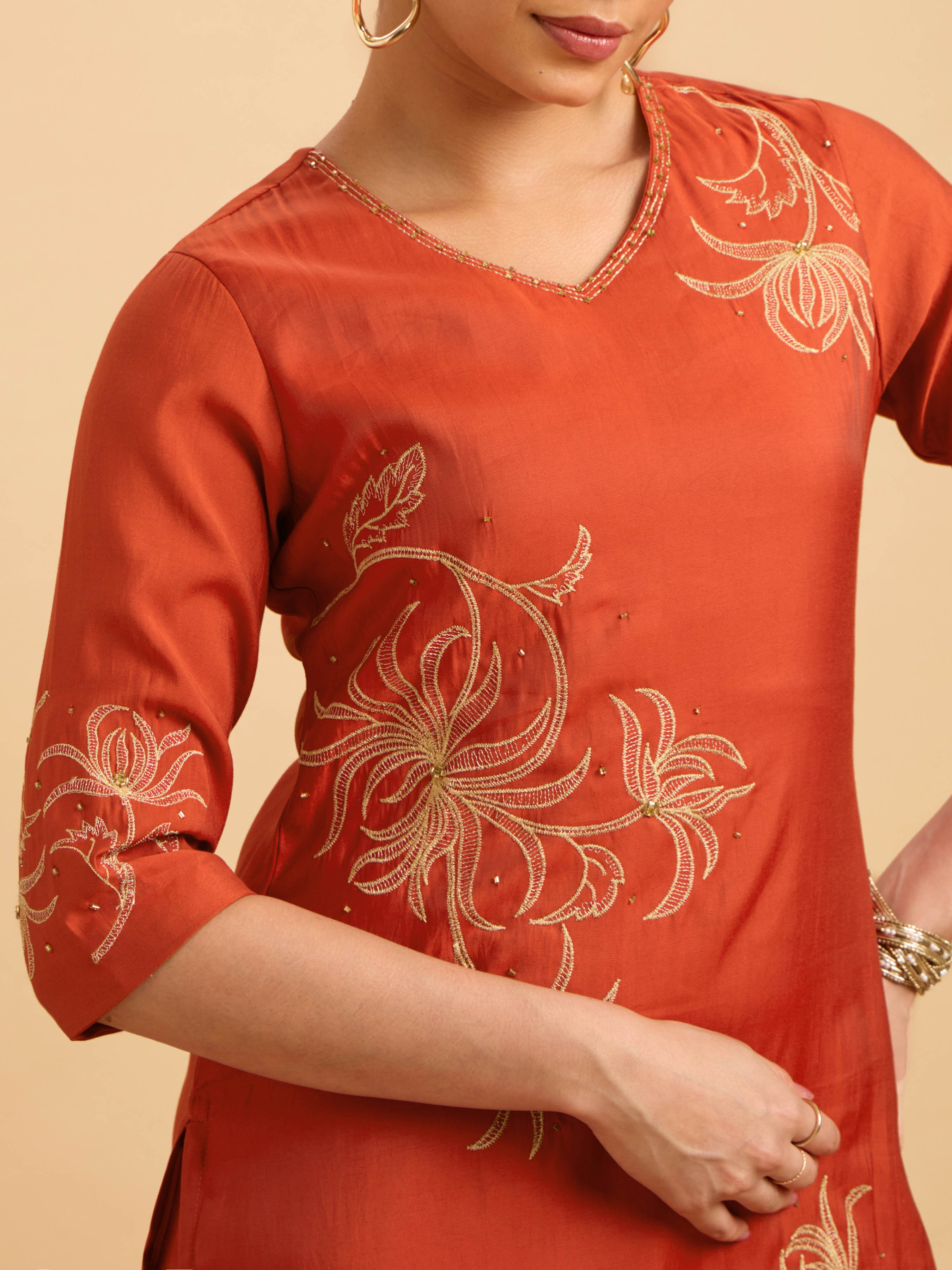 Brick Red Poly Viscose Plain Slited Kurti Set With Embroidery And Sequins Work