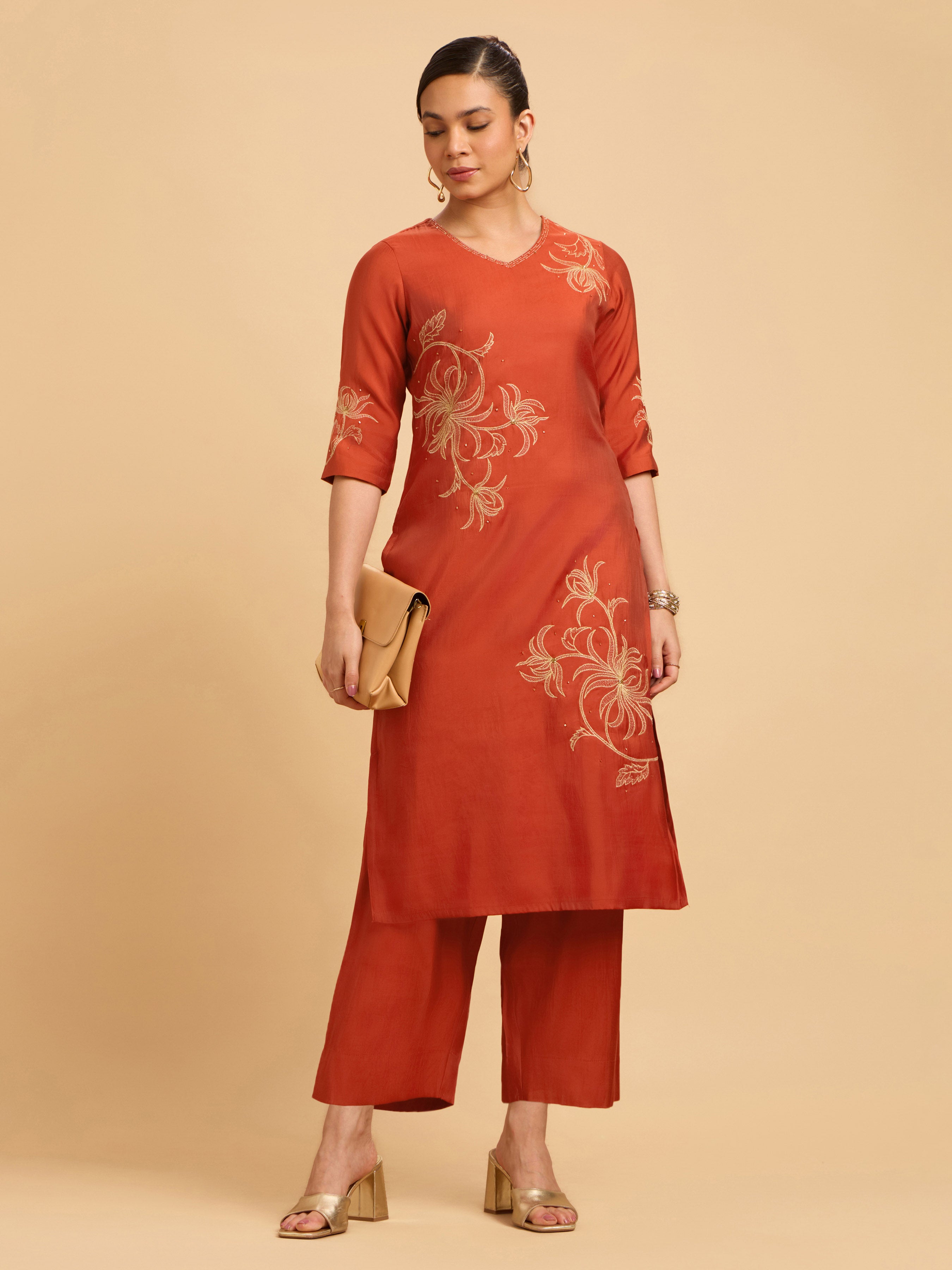 Brick Red Poly Viscose Plain Slited Kurti Set With Embroidery And Sequins Work