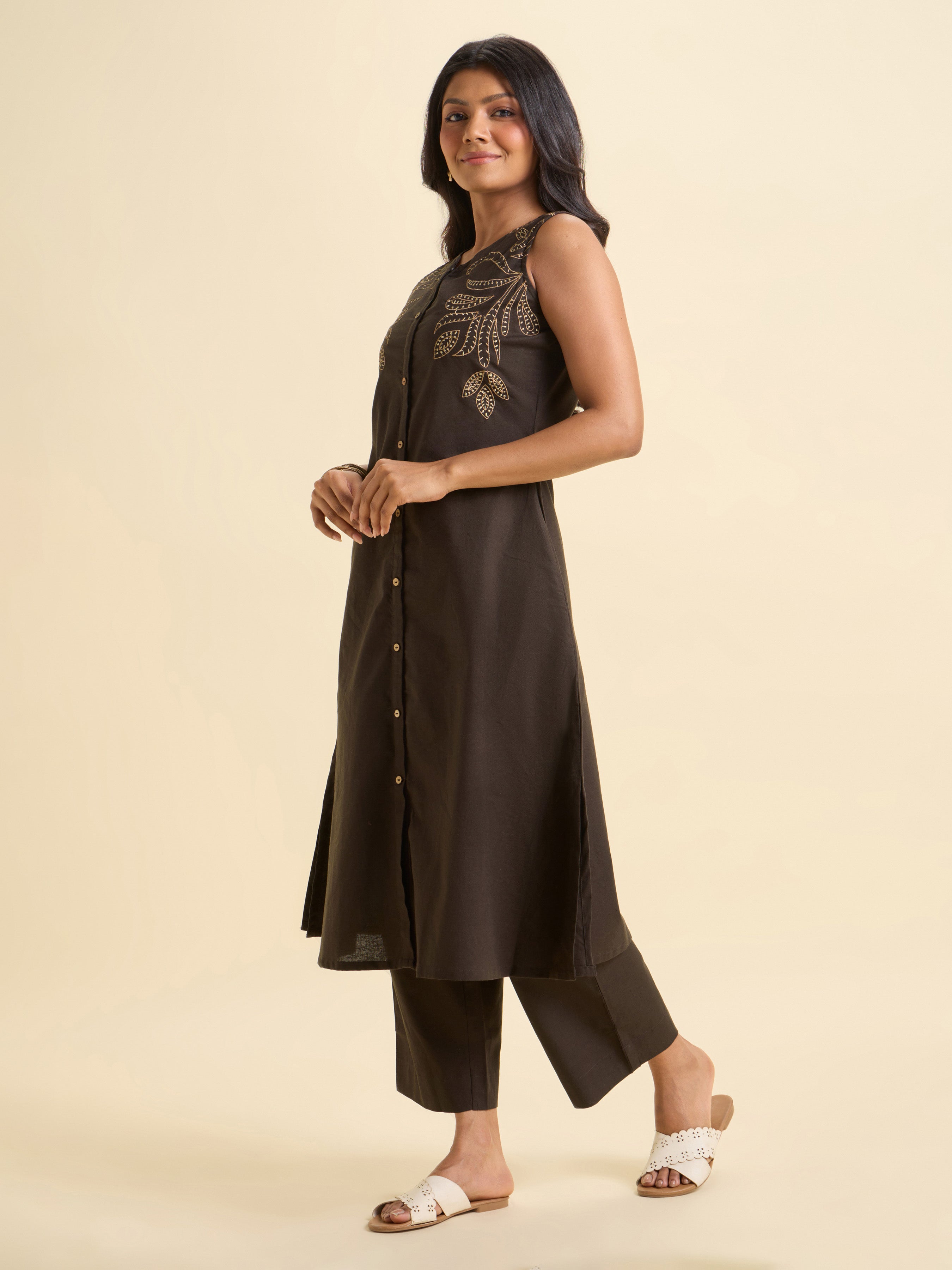 Brown Cotton Flax Plain Kurti Set With Embroidery