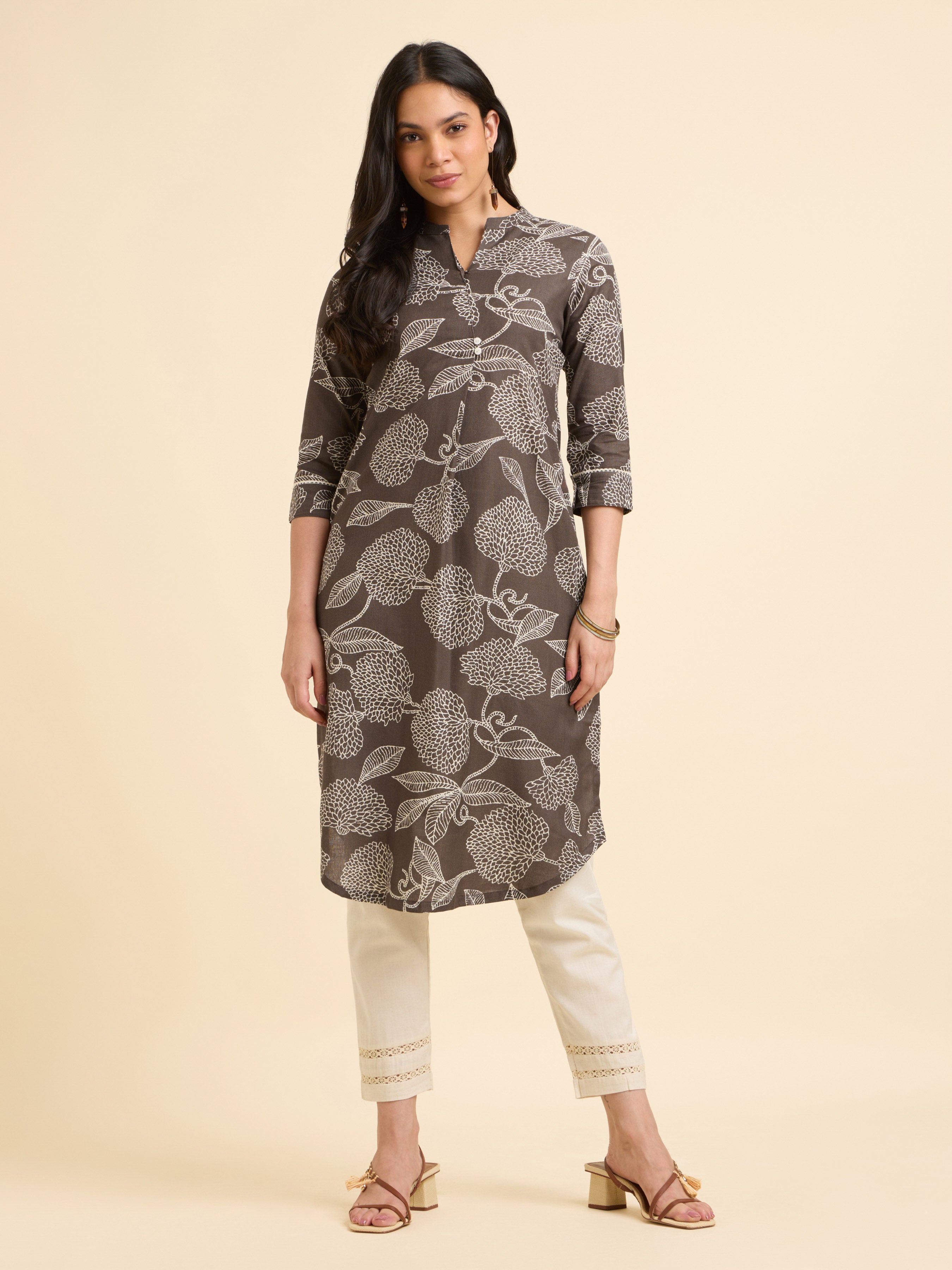 Brown & Ivory Cotton Flax Printed Kurti With Knife Pleats, Curved Hem And Lace Detailing