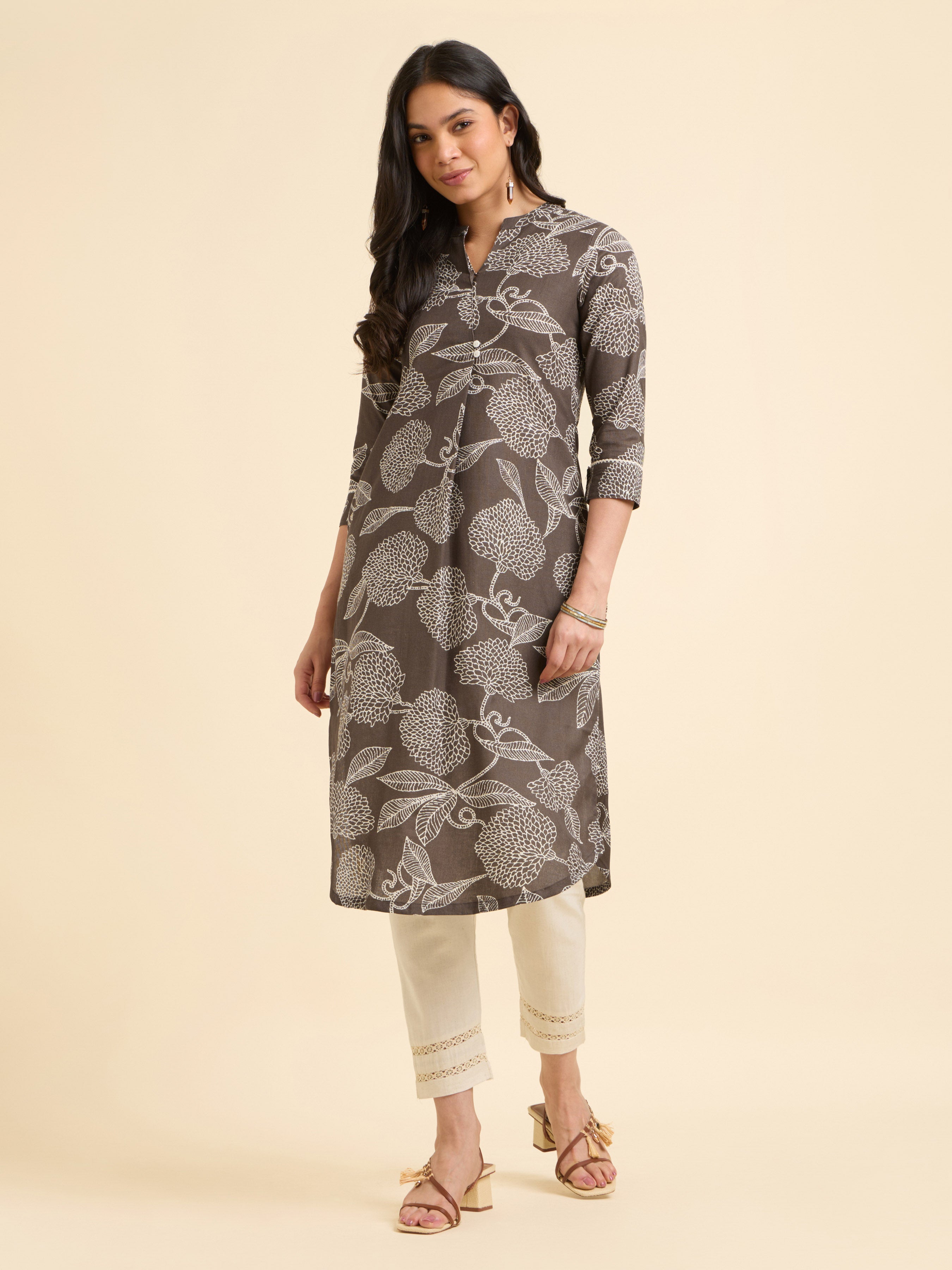 Brown & Ivory Cotton Flax Printed Kurti With Knife Pleats, Curved Hem And Lace Detailing