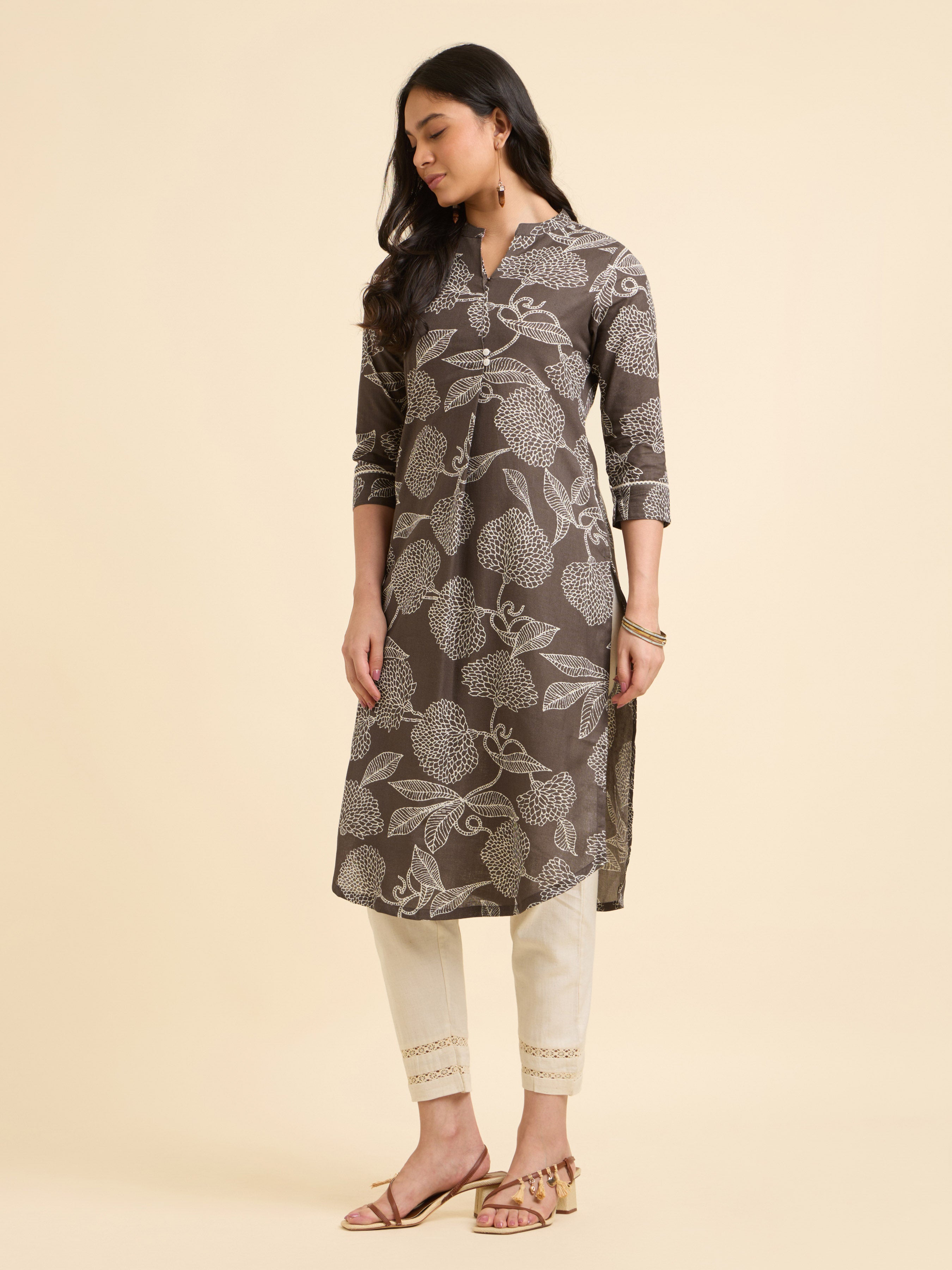 Brown & Ivory Cotton Flax Printed Kurti With Knife Pleats, Curved Hem And Lace Detailing