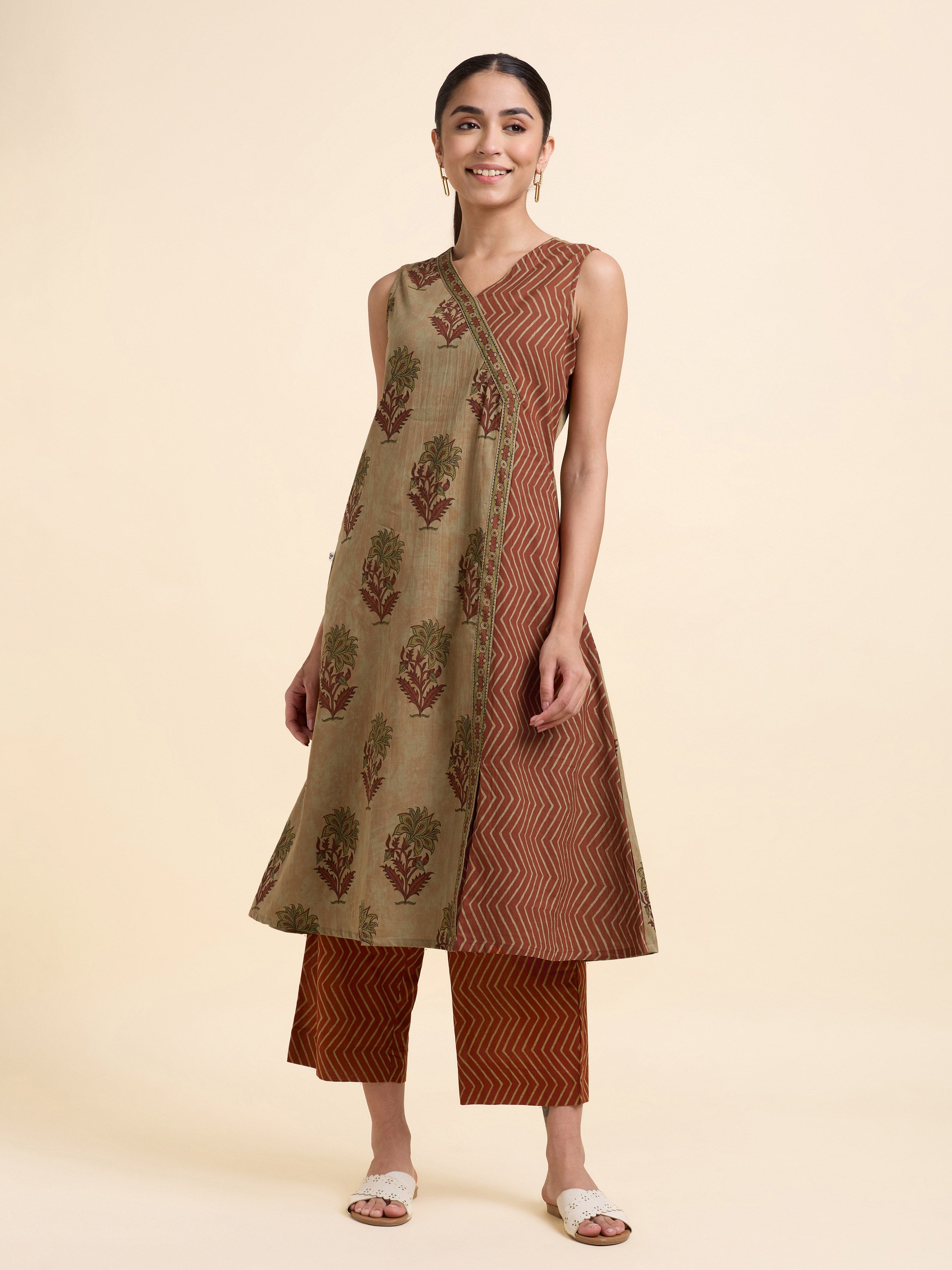 Brown Multi Colour Pure Cotton Printed Flared Angrakha Kurti Set