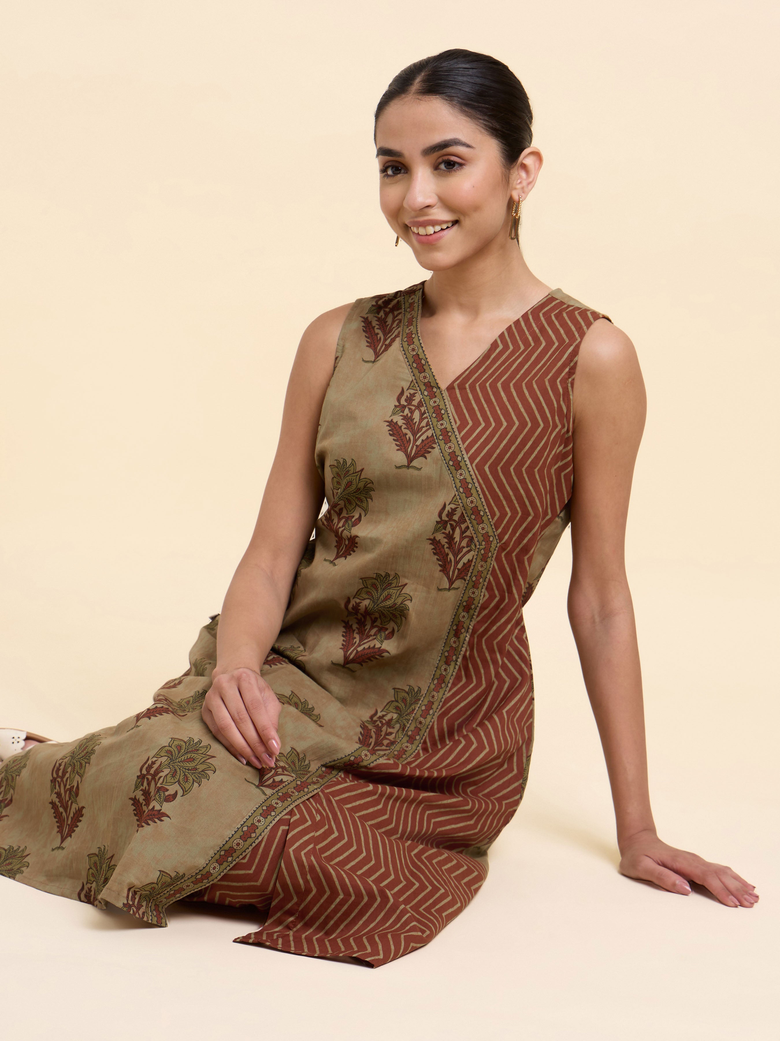 Brown Multi Colour Pure Cotton Printed Flared Angrakha Kurti Set