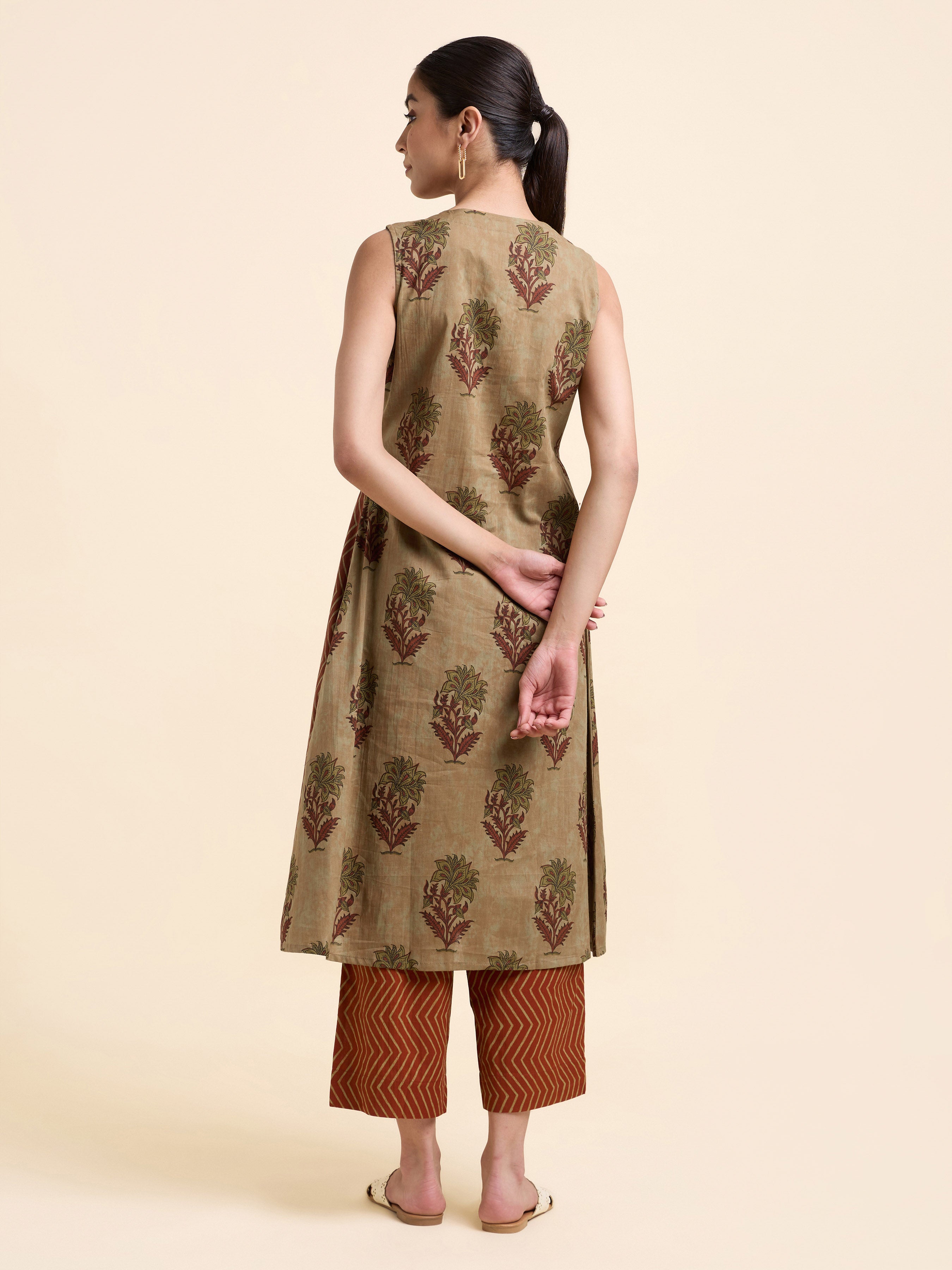 Brown Multi Colour Pure Cotton Printed Flared Angrakha Kurti Set