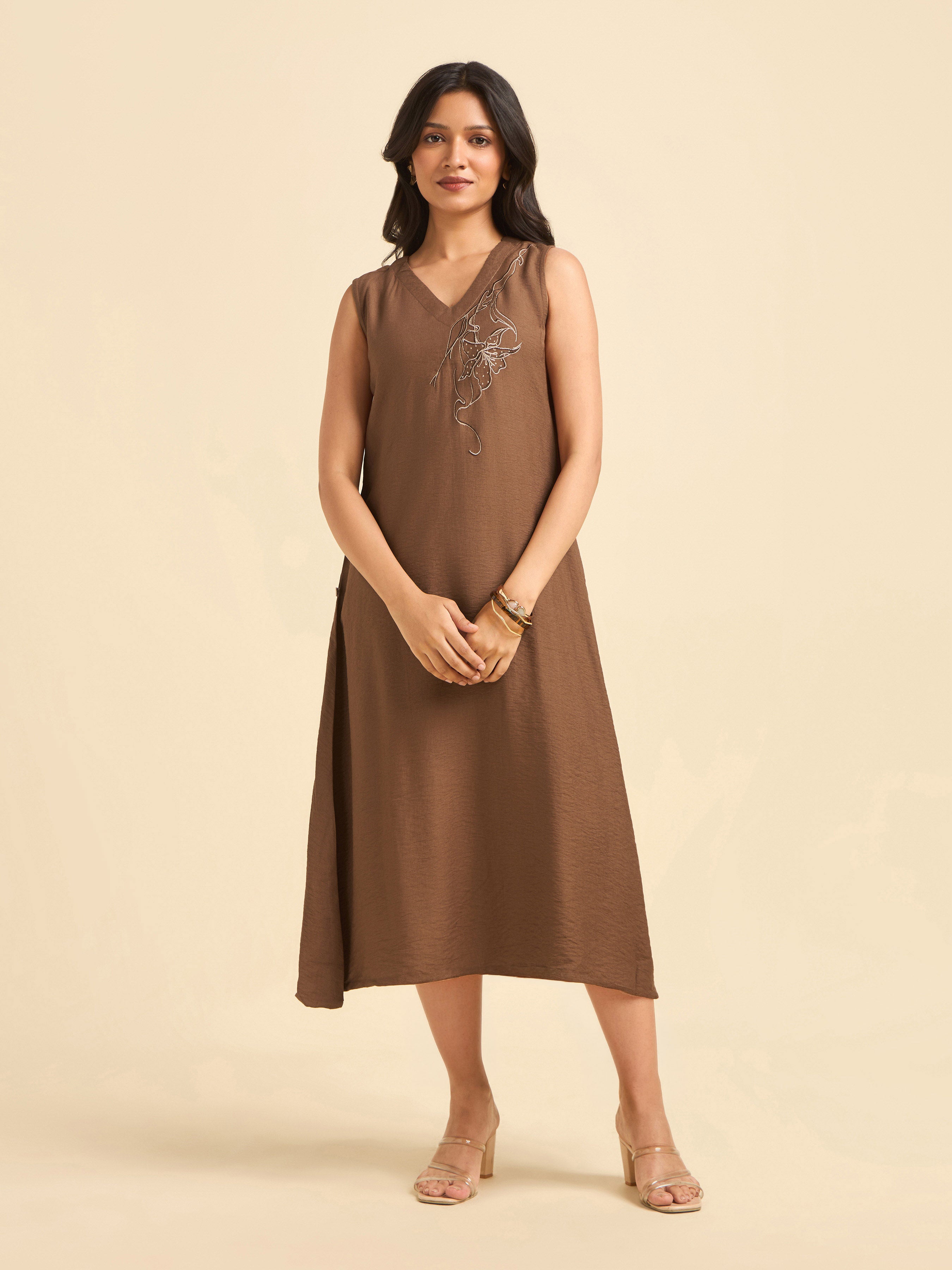 Brown Poly Viscose Plain Flared Kurti With Embroidery