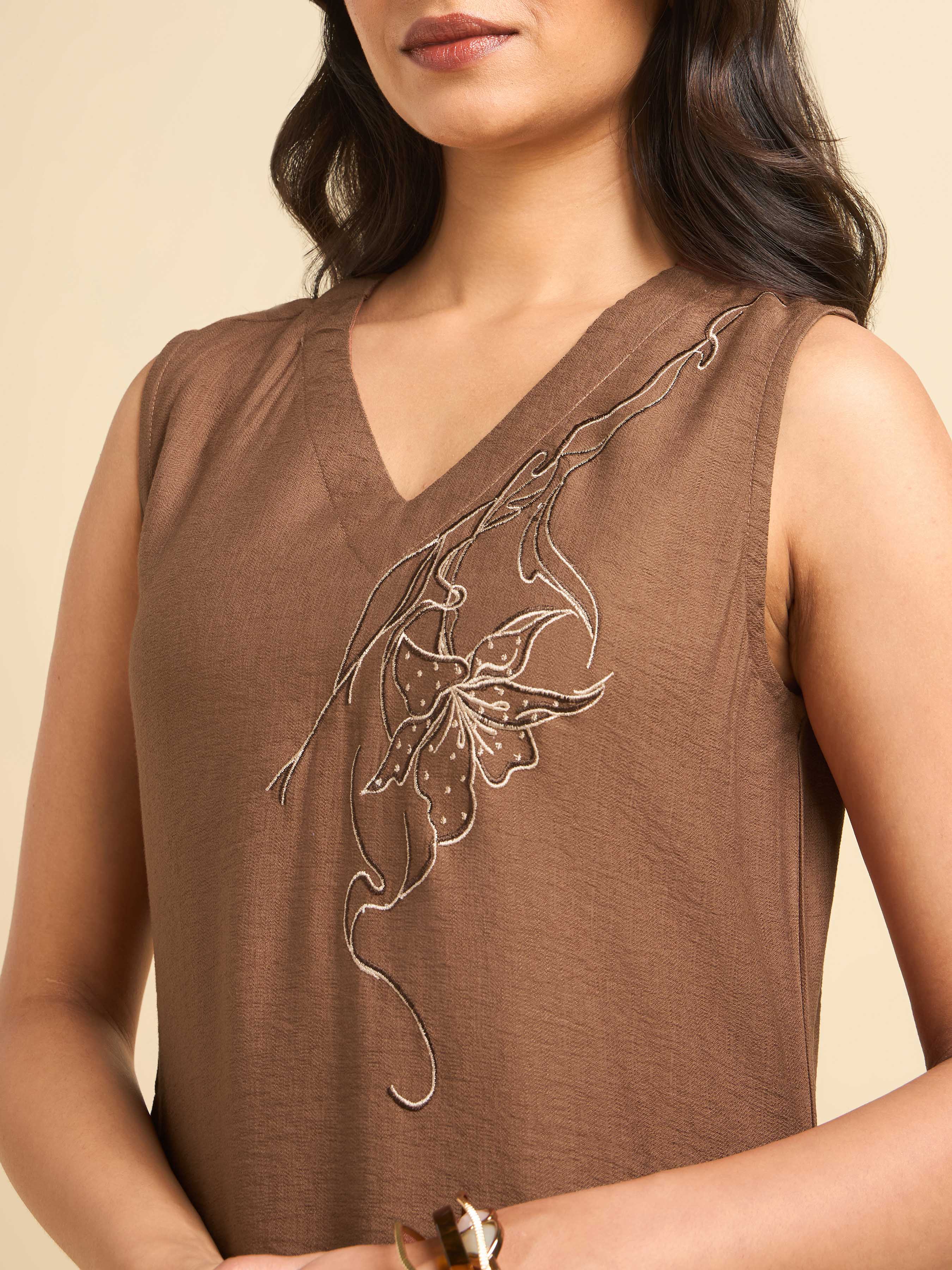 Brown Poly Viscose Plain Flared Kurti With Embroidery