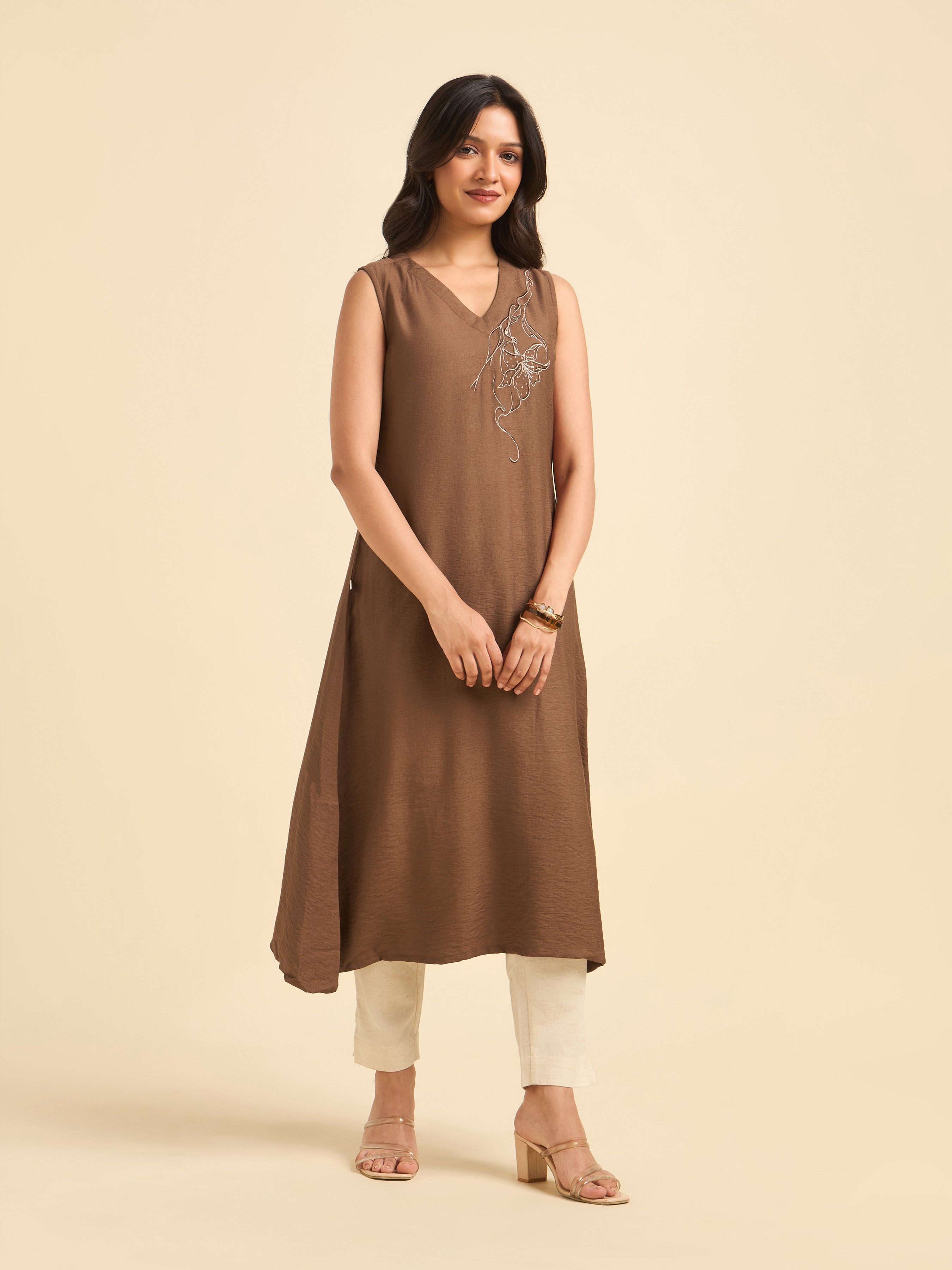 Brown Poly Viscose Plain Flared Kurti With Embroidery