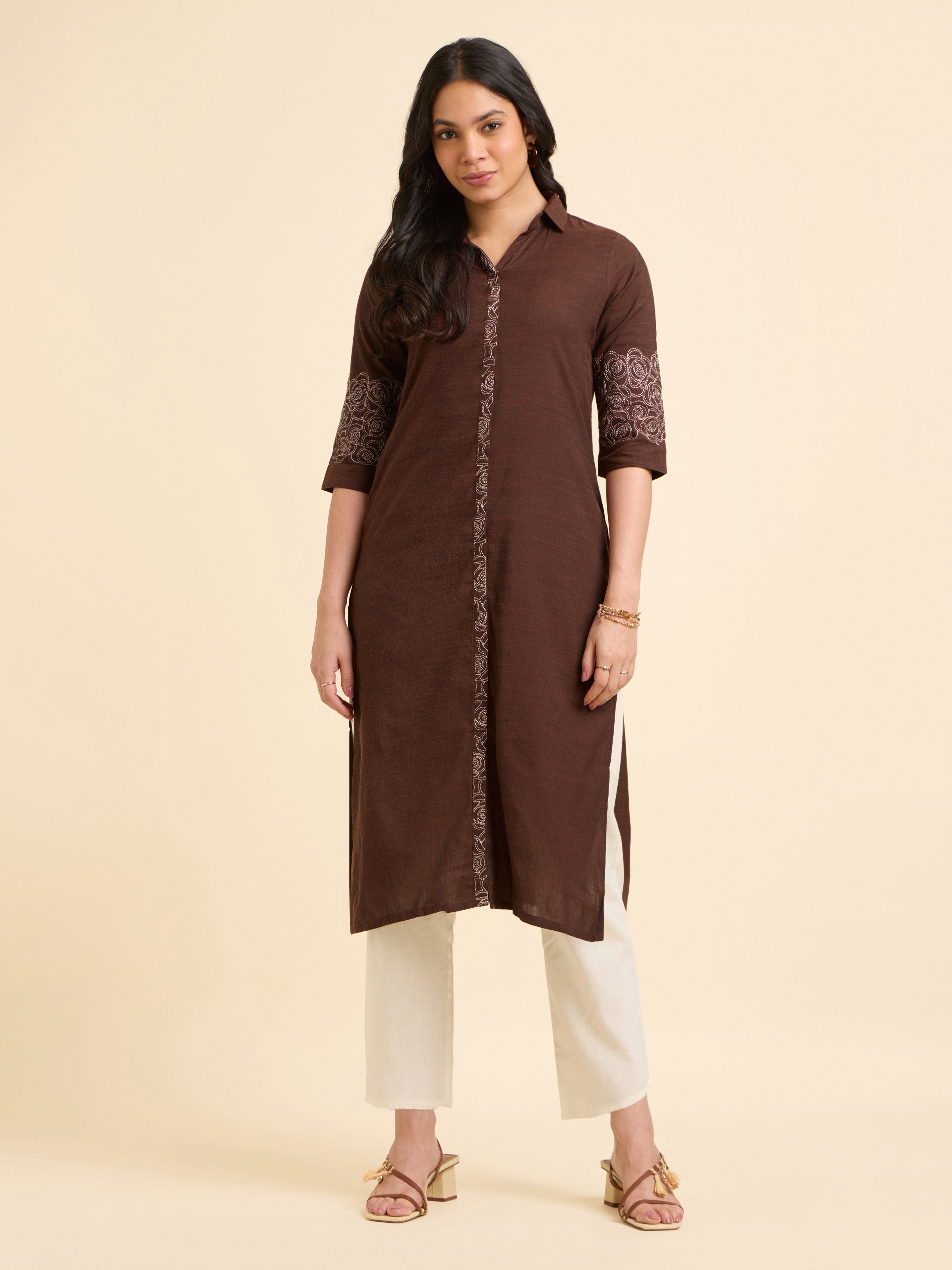 Coffee Brown Cotton Viscose Slub Plain Slitted Kurti With Embroidery