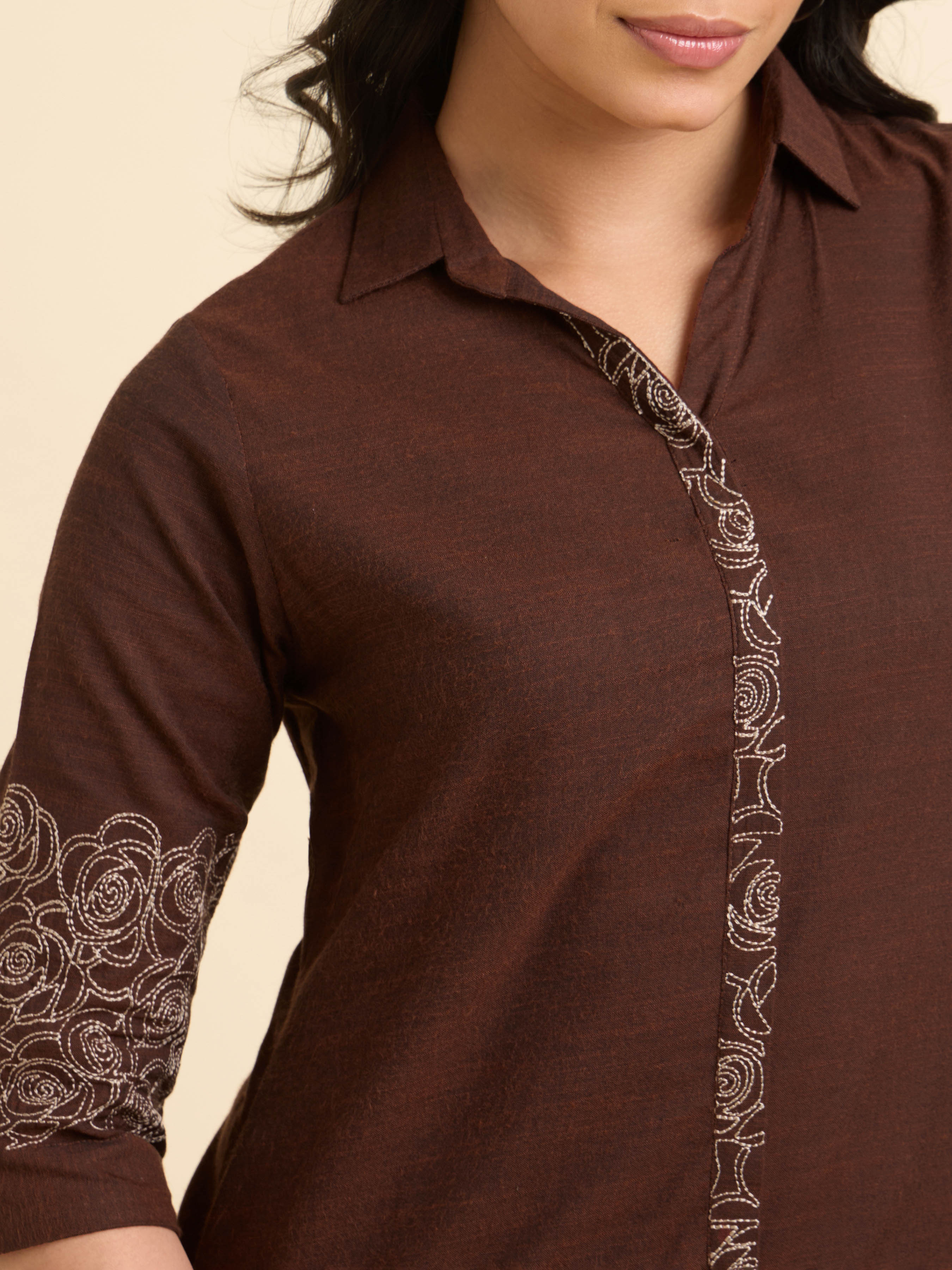 Coffee Brown Cotton Viscose Slub Plain Slitted Kurti With Embroidery