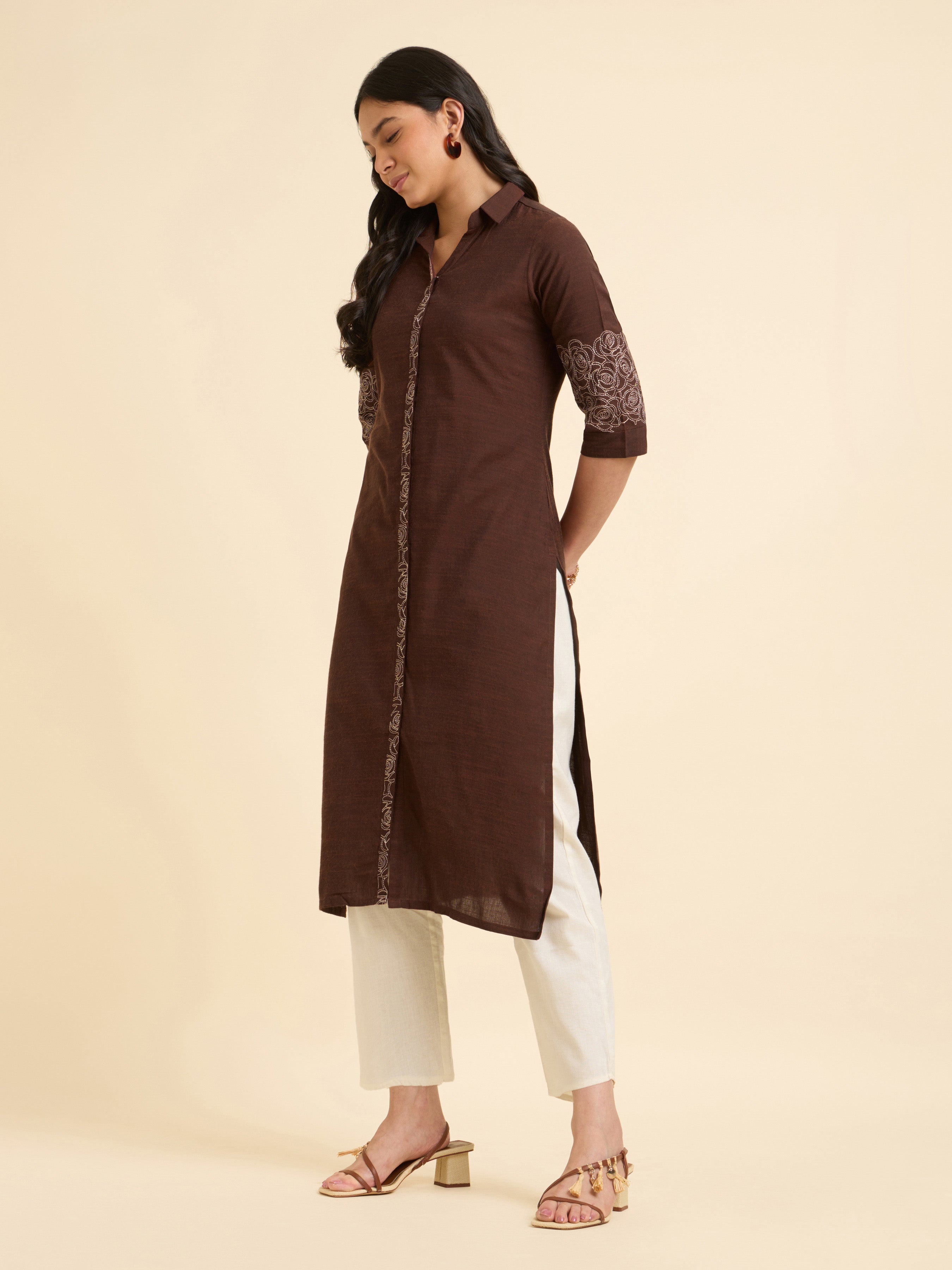 Coffee Brown Cotton Viscose Slub Plain Slitted Kurti With Embroidery
