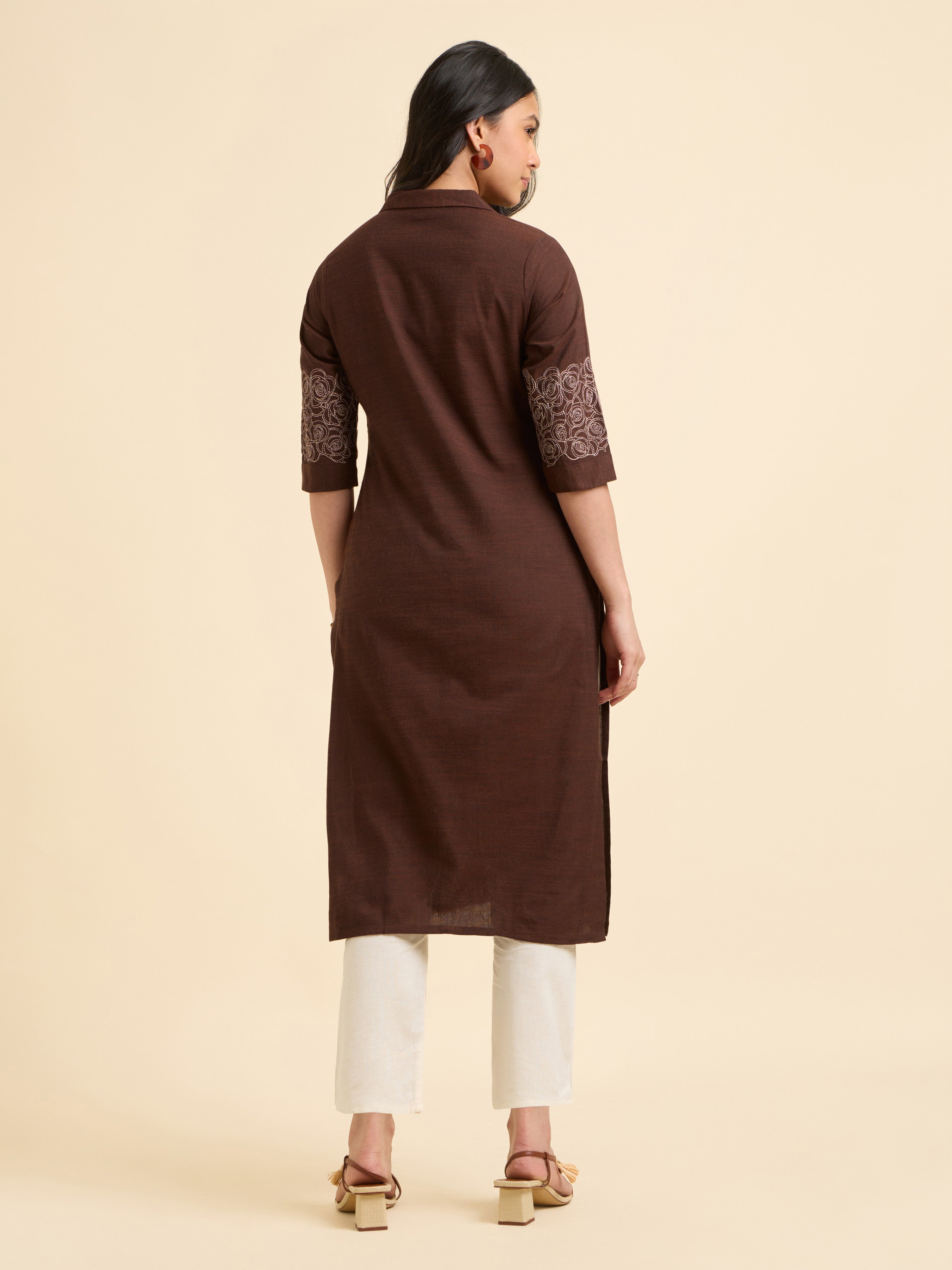 Coffee Brown Cotton Viscose Slub Plain Slitted Kurti With Embroidery