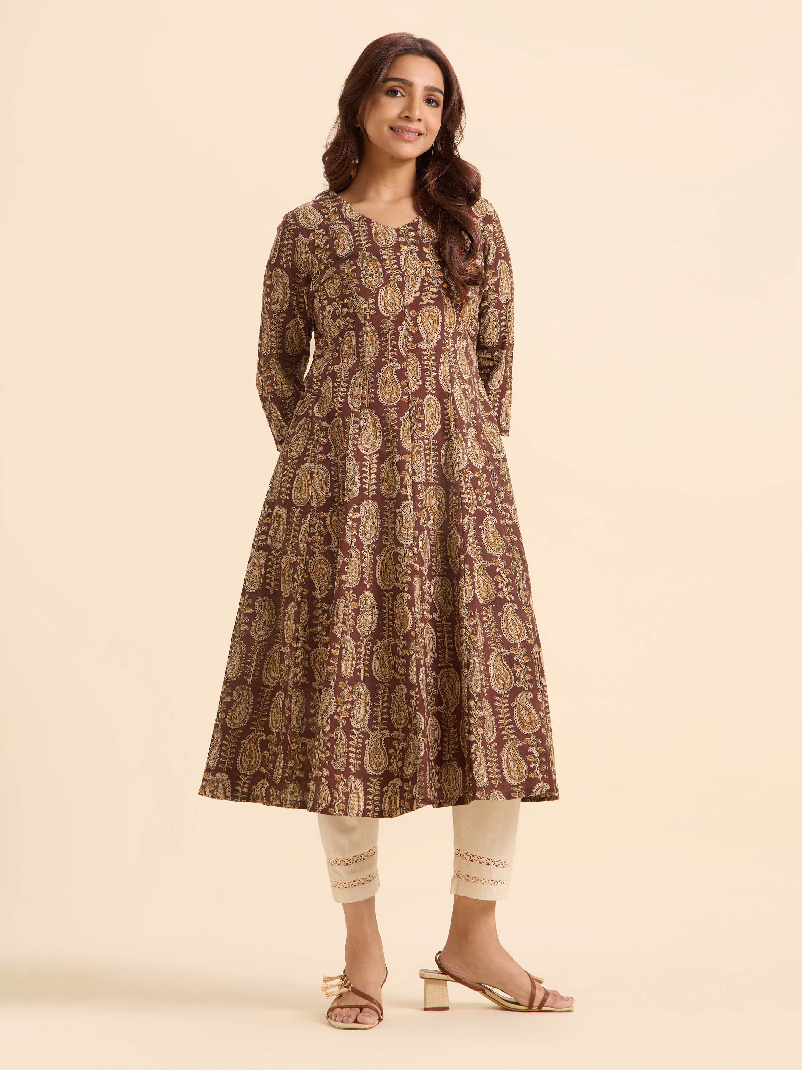 Coffee Brown Multi Colour Pure Cotton Printed Flared Kali-Cut Kurti With Mirror Work