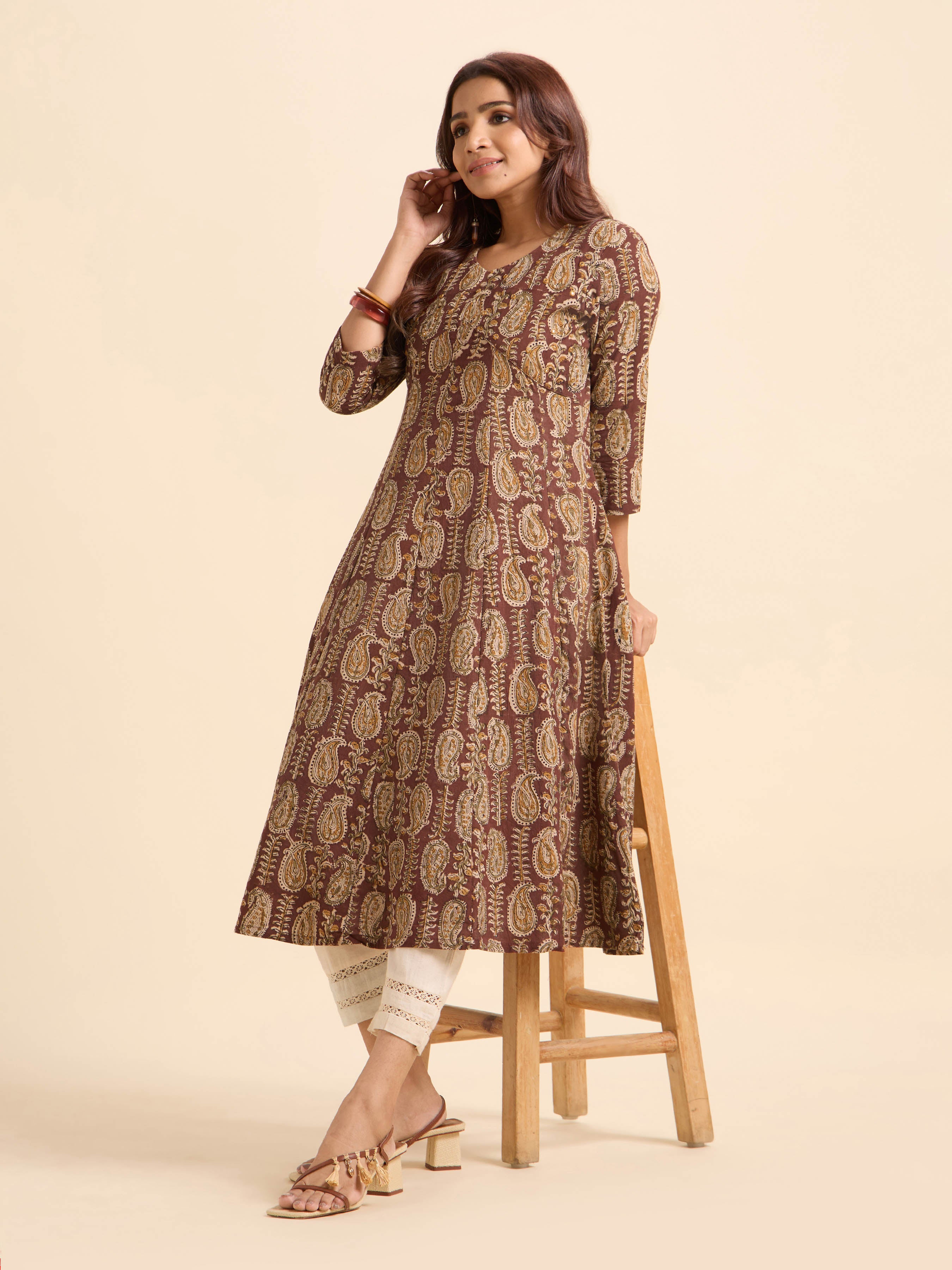 Coffee Brown Multi Colour Pure Cotton Printed Flared Kali-Cut Kurti With Mirror Work