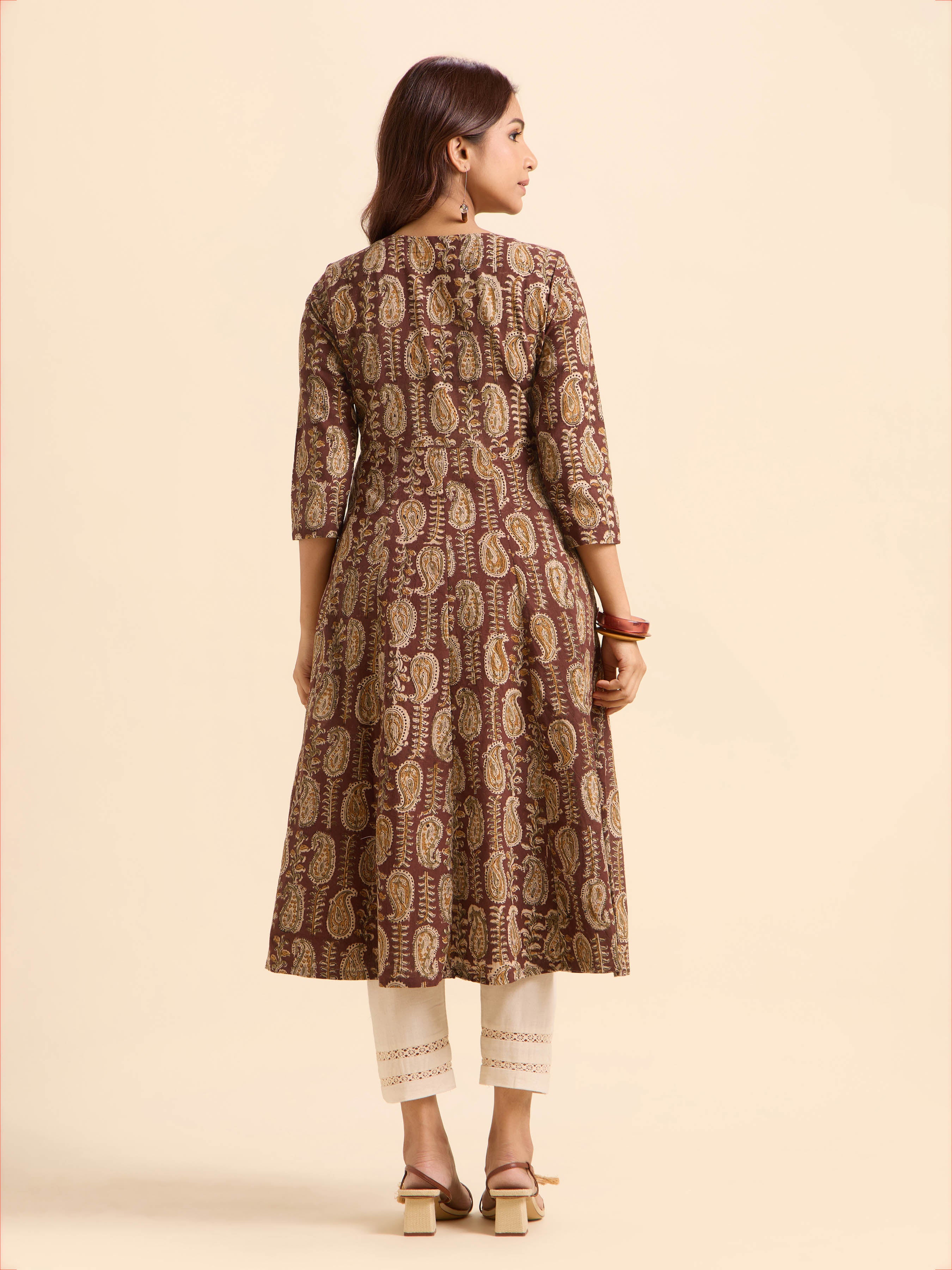 Coffee Brown Multi Colour Pure Cotton Printed Flared Kali-Cut Kurti With Mirror Work