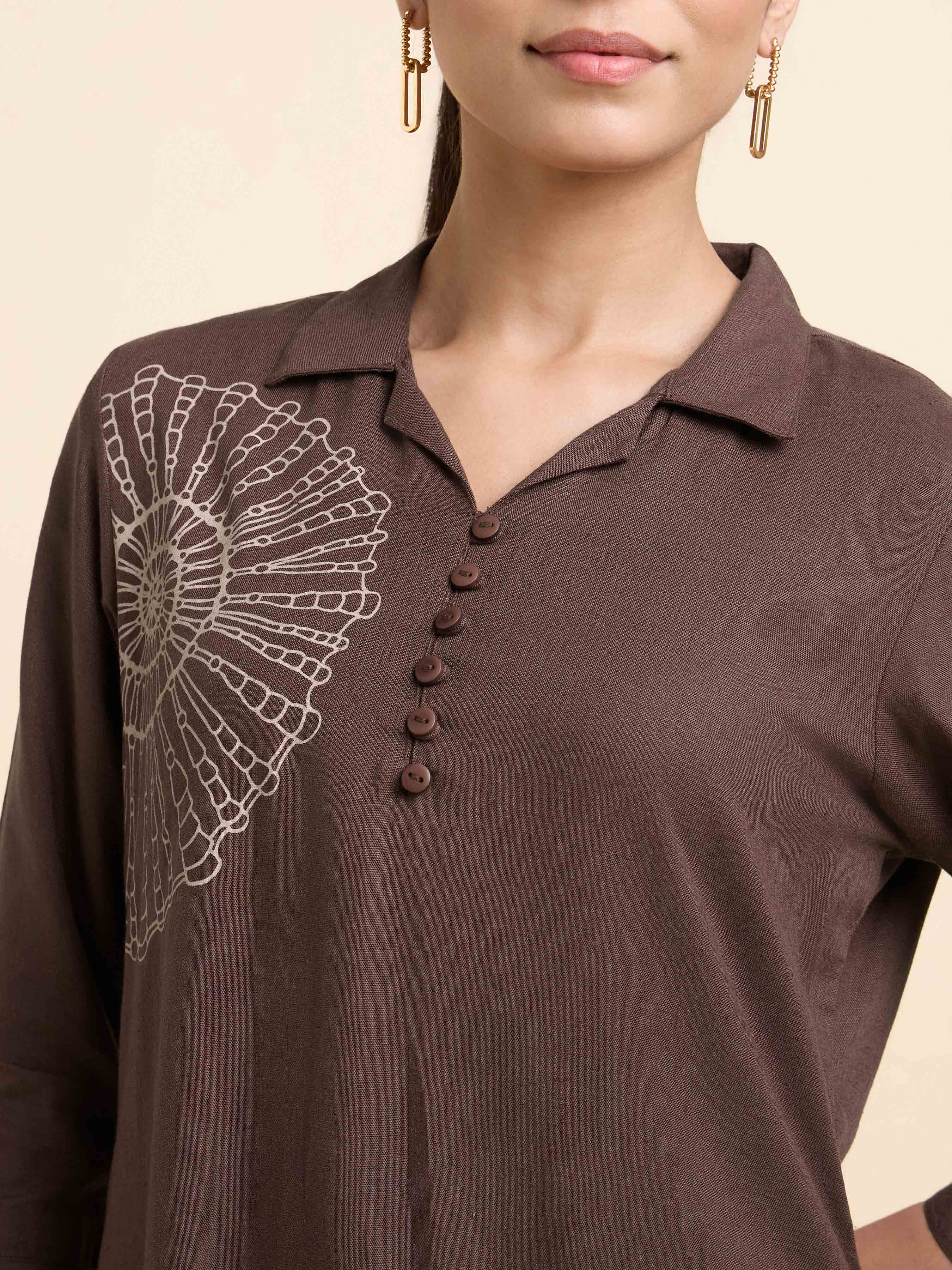 Coffee Brown Viscose Linen Plain Slitted Kurti Set With Placement Print
