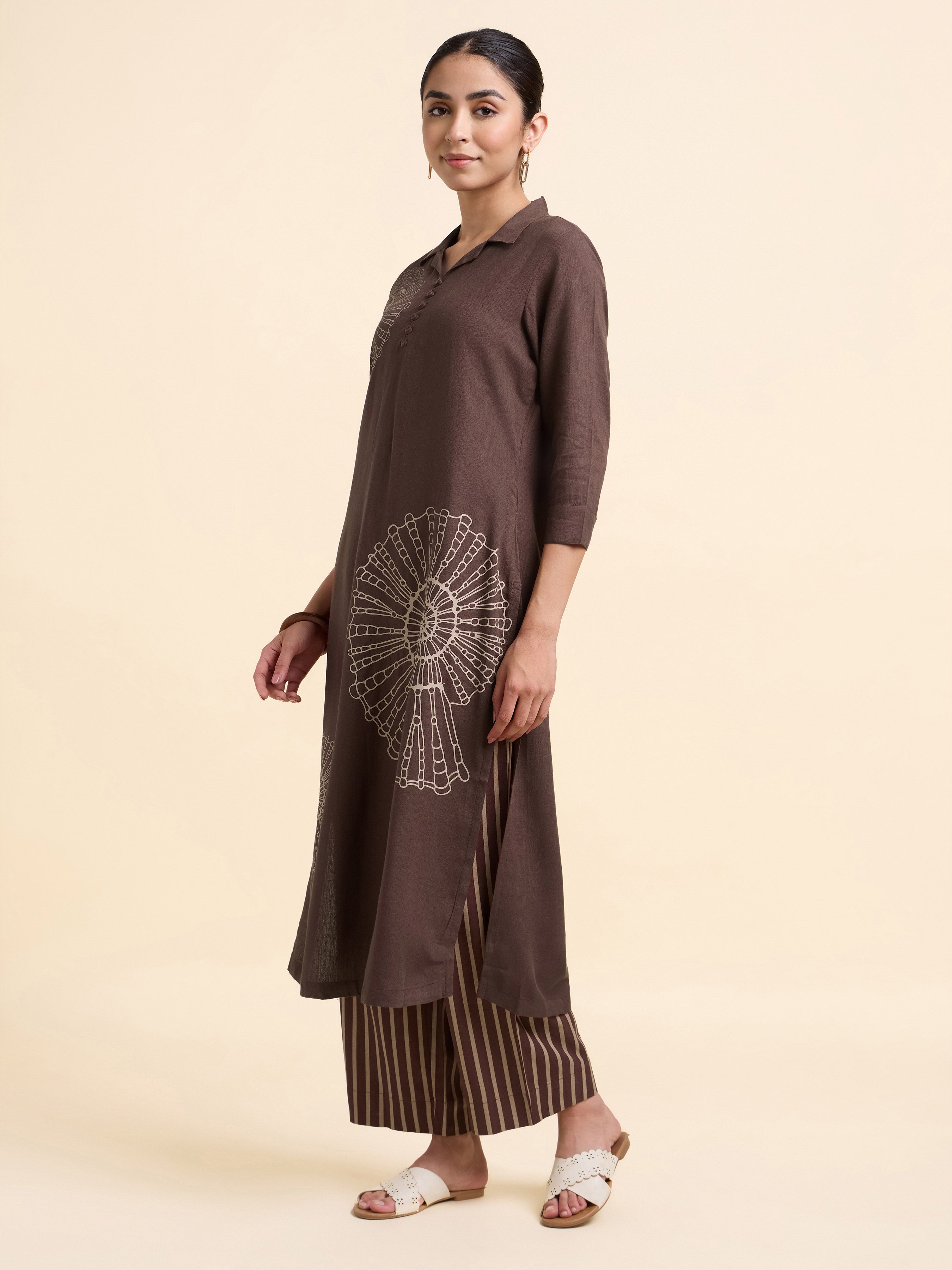 Coffee Brown Viscose Linen Plain Slitted Kurti Set With Placement Print