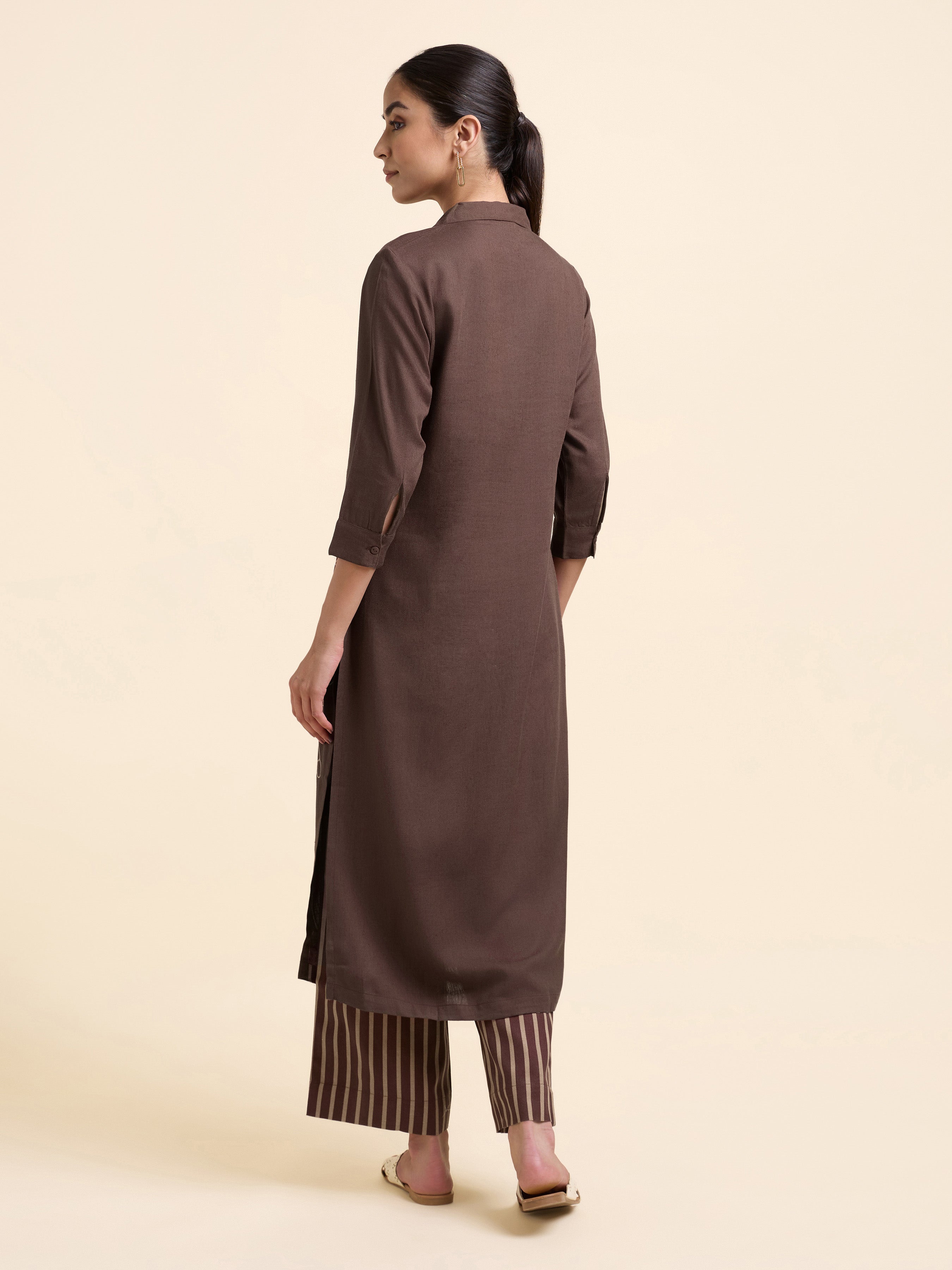 Coffee Brown Viscose Linen Plain Slitted Kurti Set With Placement Print