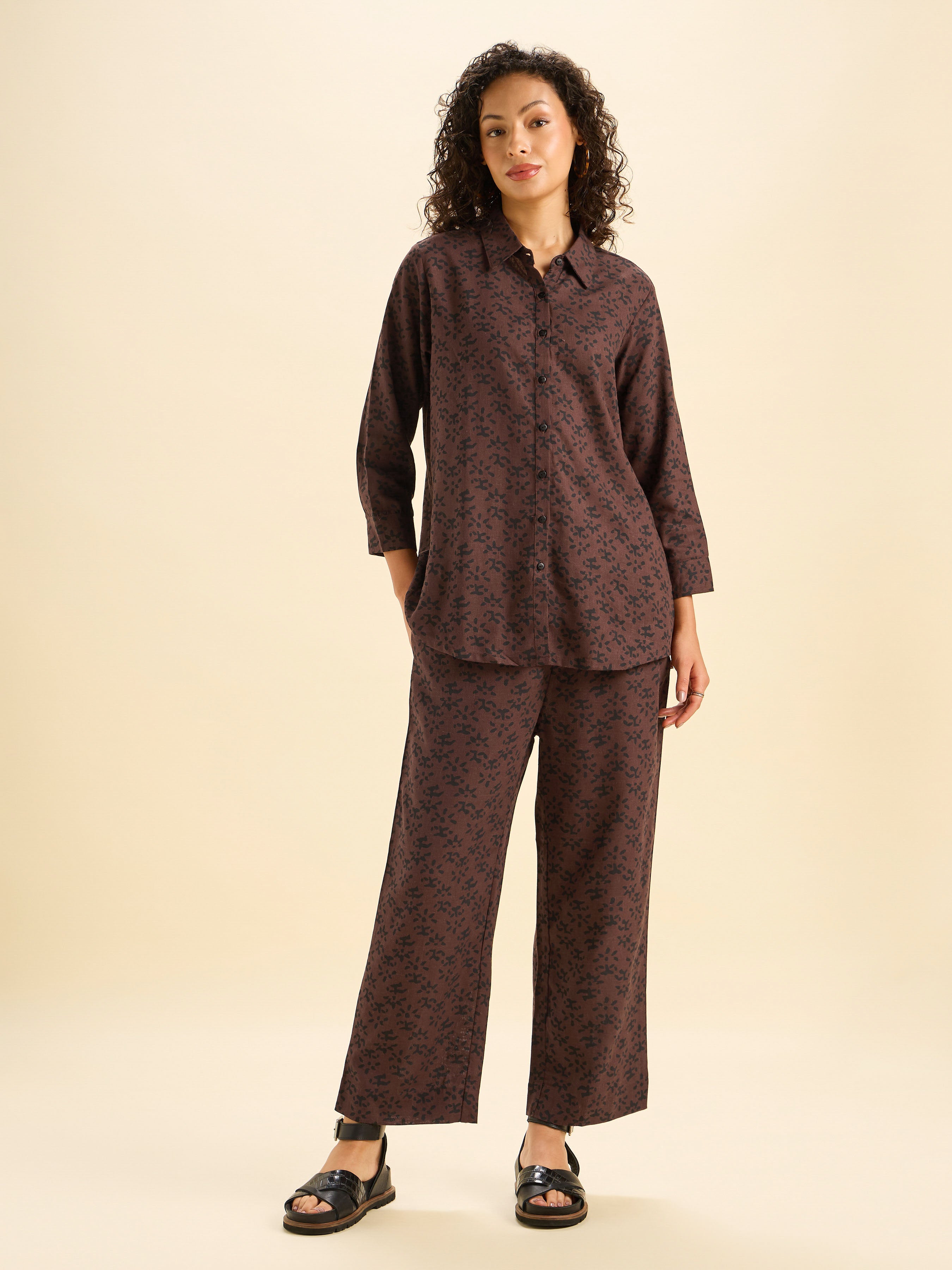 Coffee Brown Viscose Linen Printed Tunic Top and Bottom Set