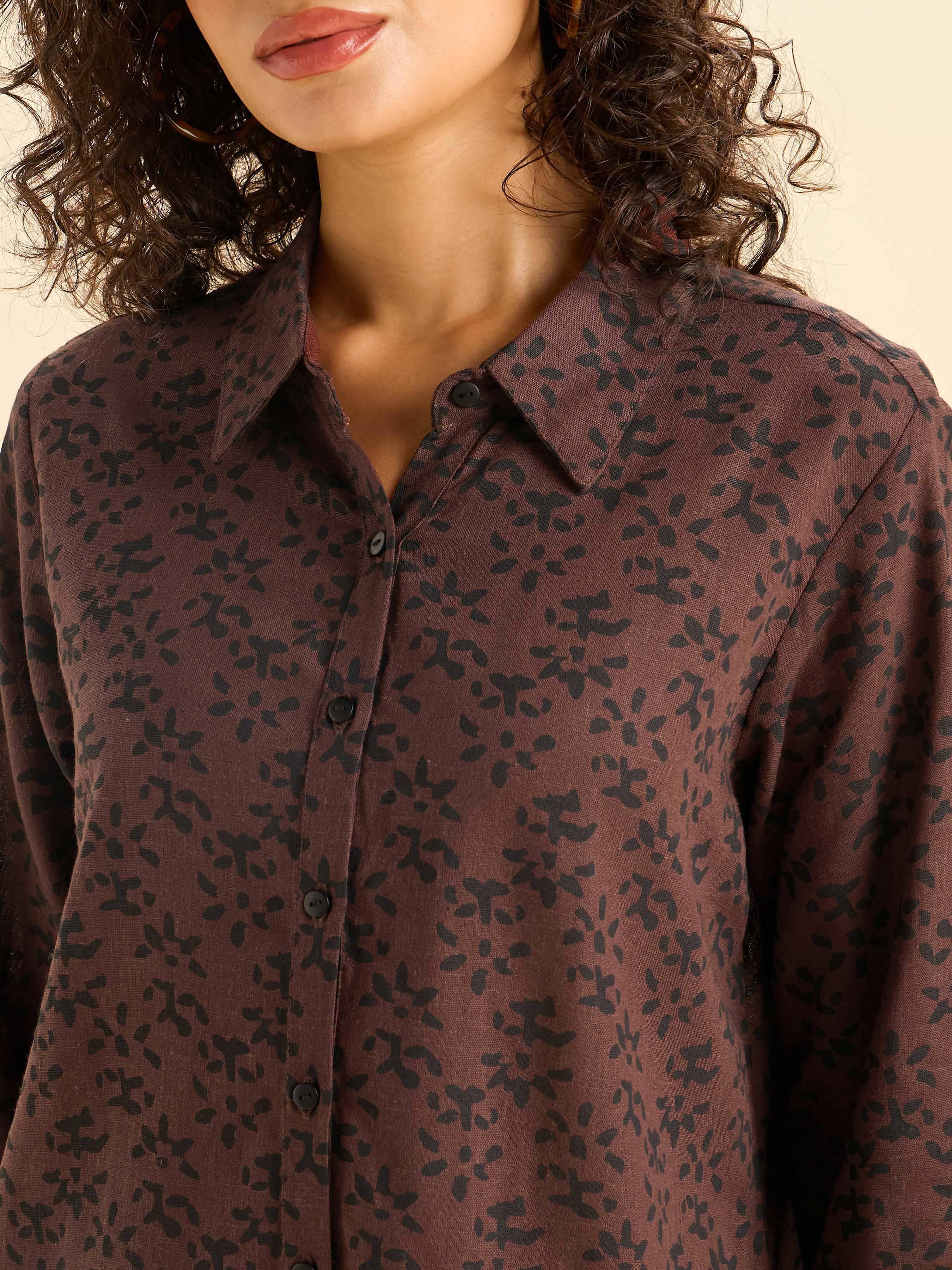 Coffee Brown Viscose Linen Printed Tunic Top and Bottom Set