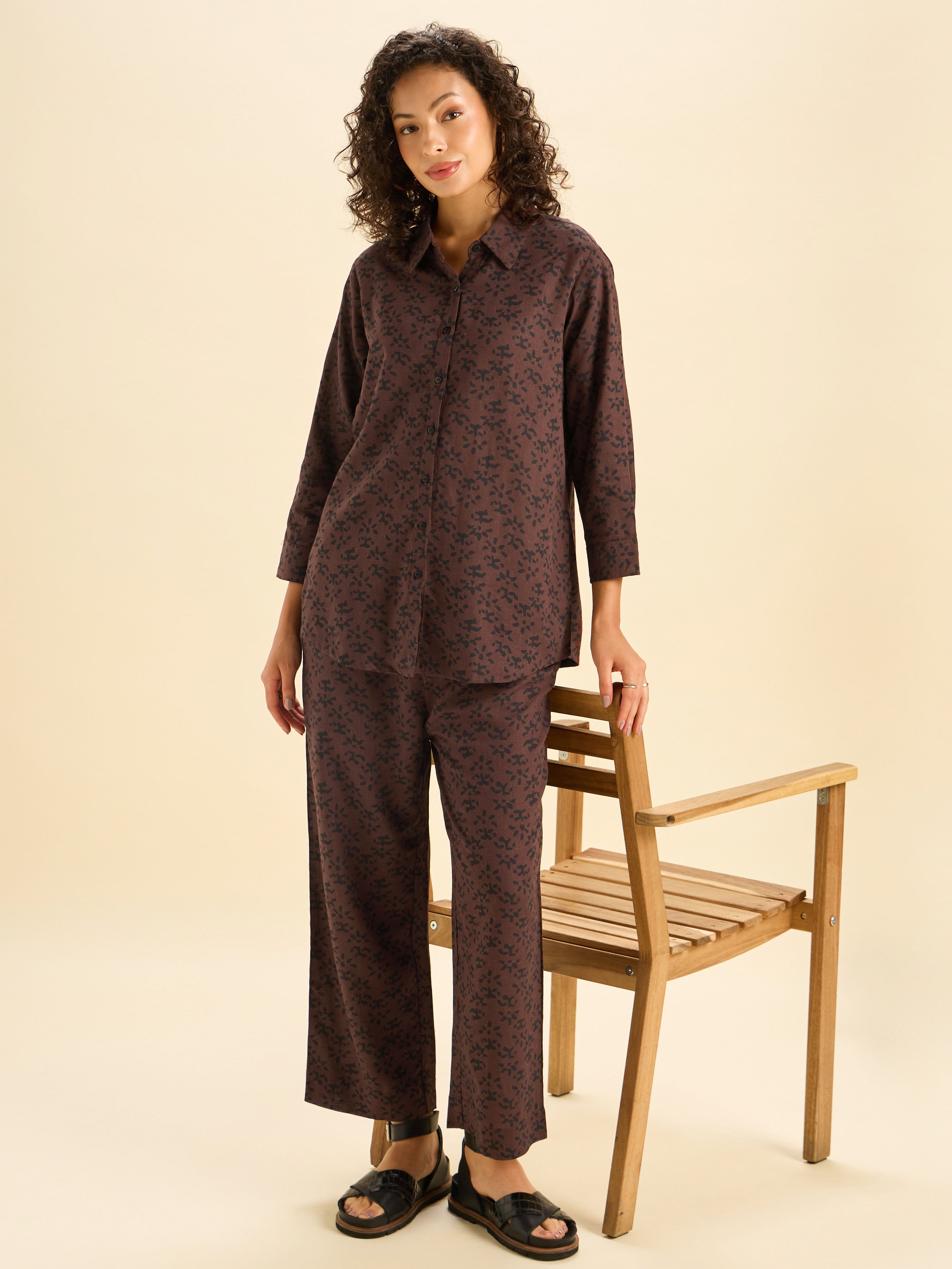 Coffee Brown Viscose Linen Printed Tunic Top and Bottom Set