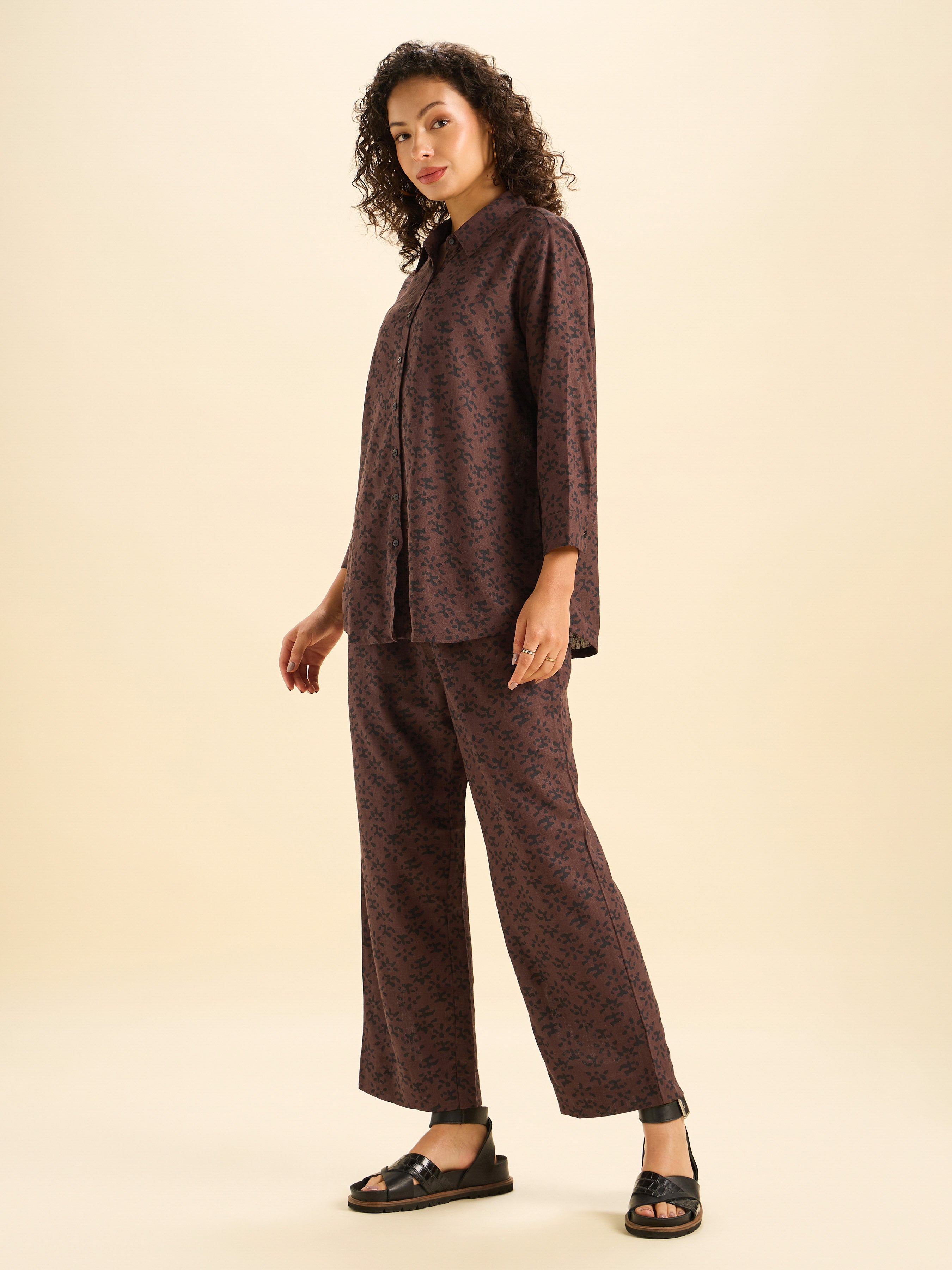 Coffee Brown Viscose Linen Printed Tunic Top and Bottom Set