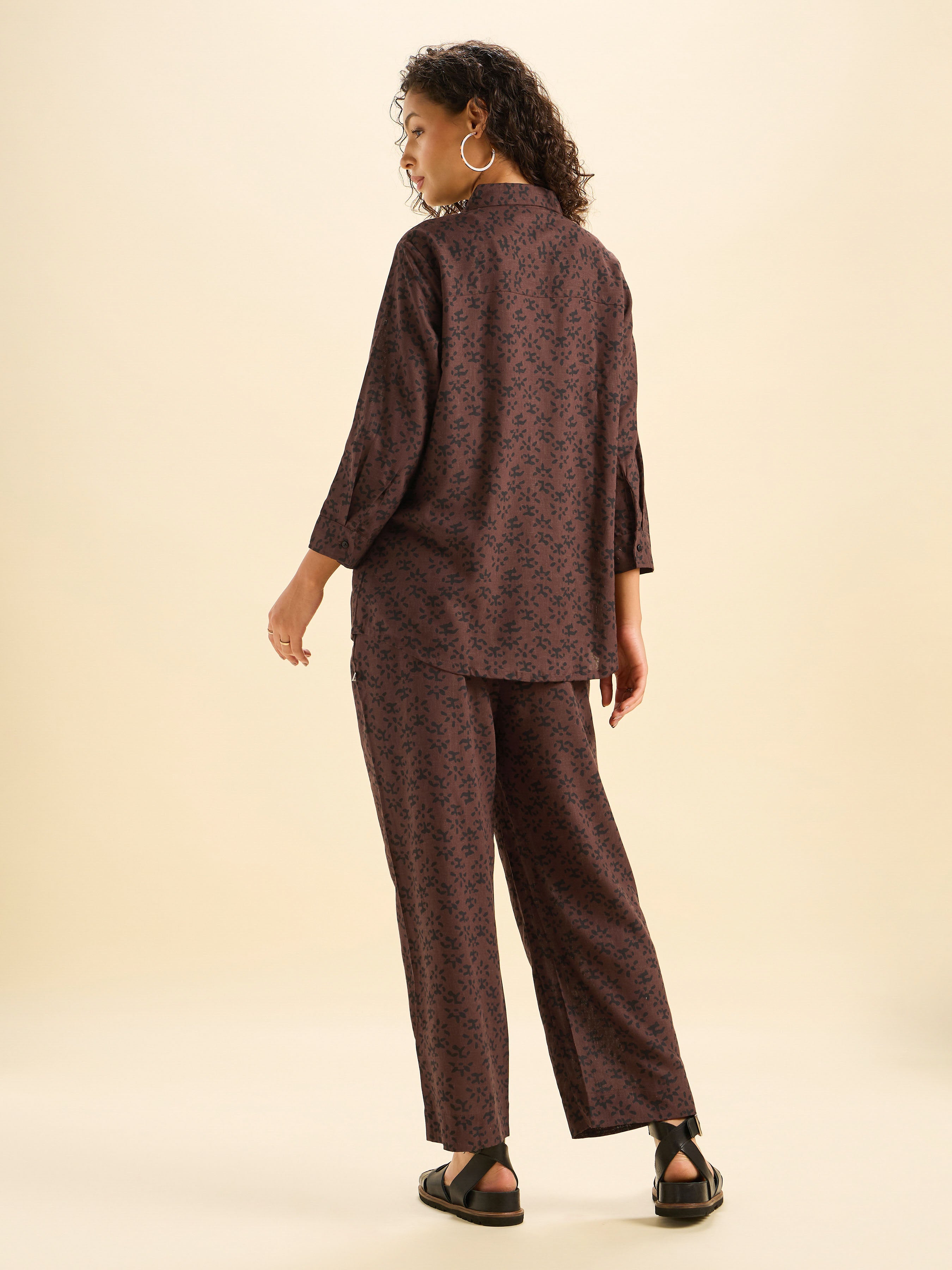 Coffee Brown Viscose Linen Printed Tunic Top and Bottom Set