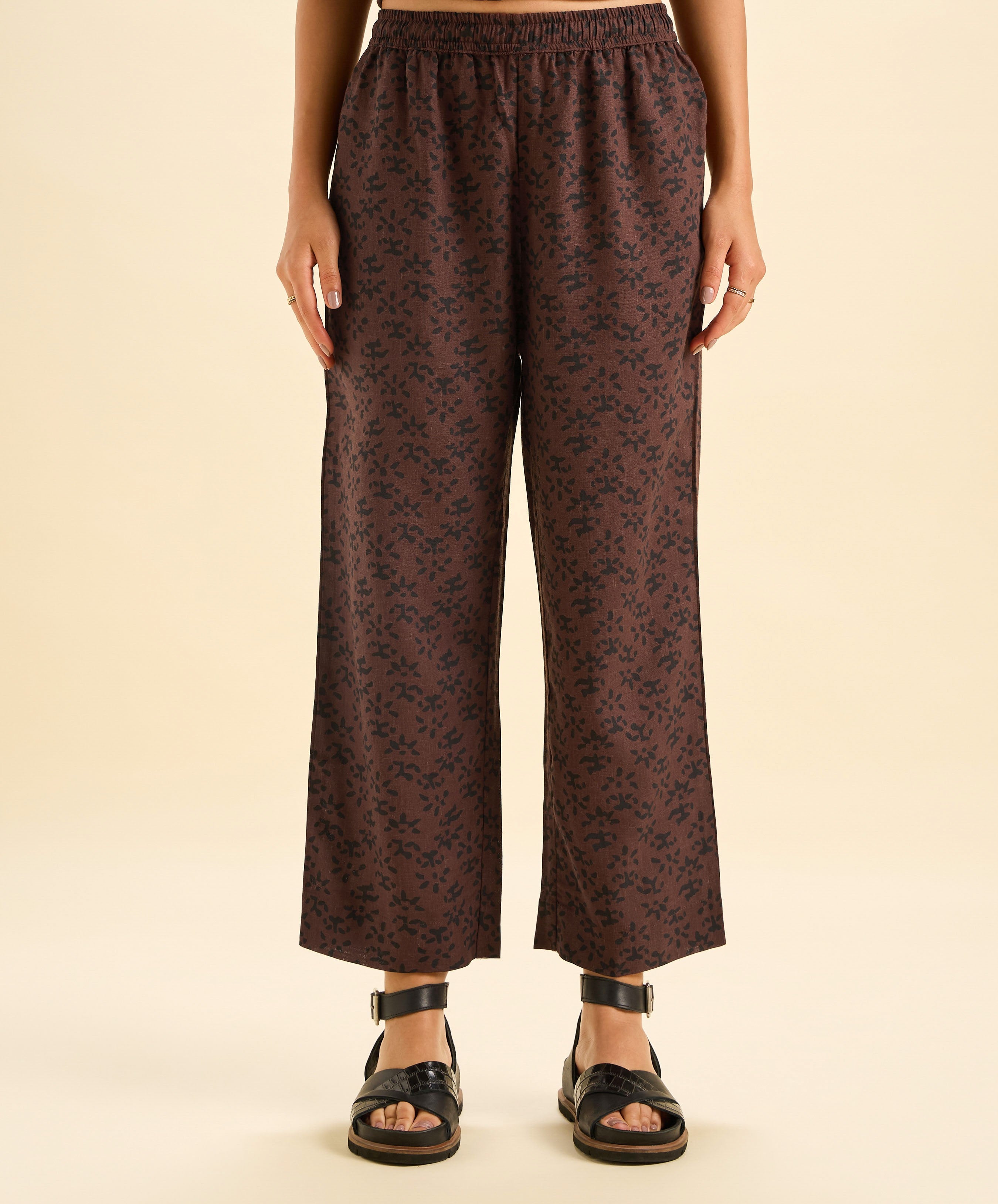 Coffee Brown Viscose Linen Printed Tunic Top and Bottom Set