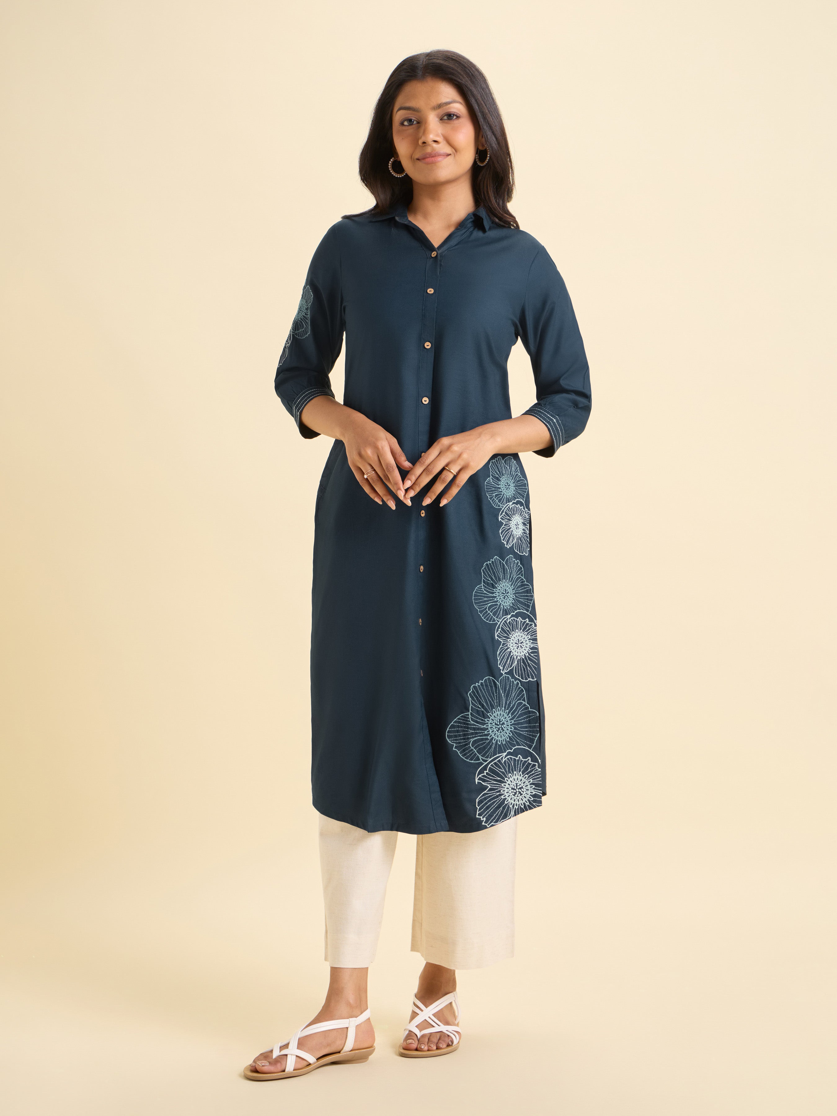 Teal Viscose Plain Slitted Kurti With Embroidery