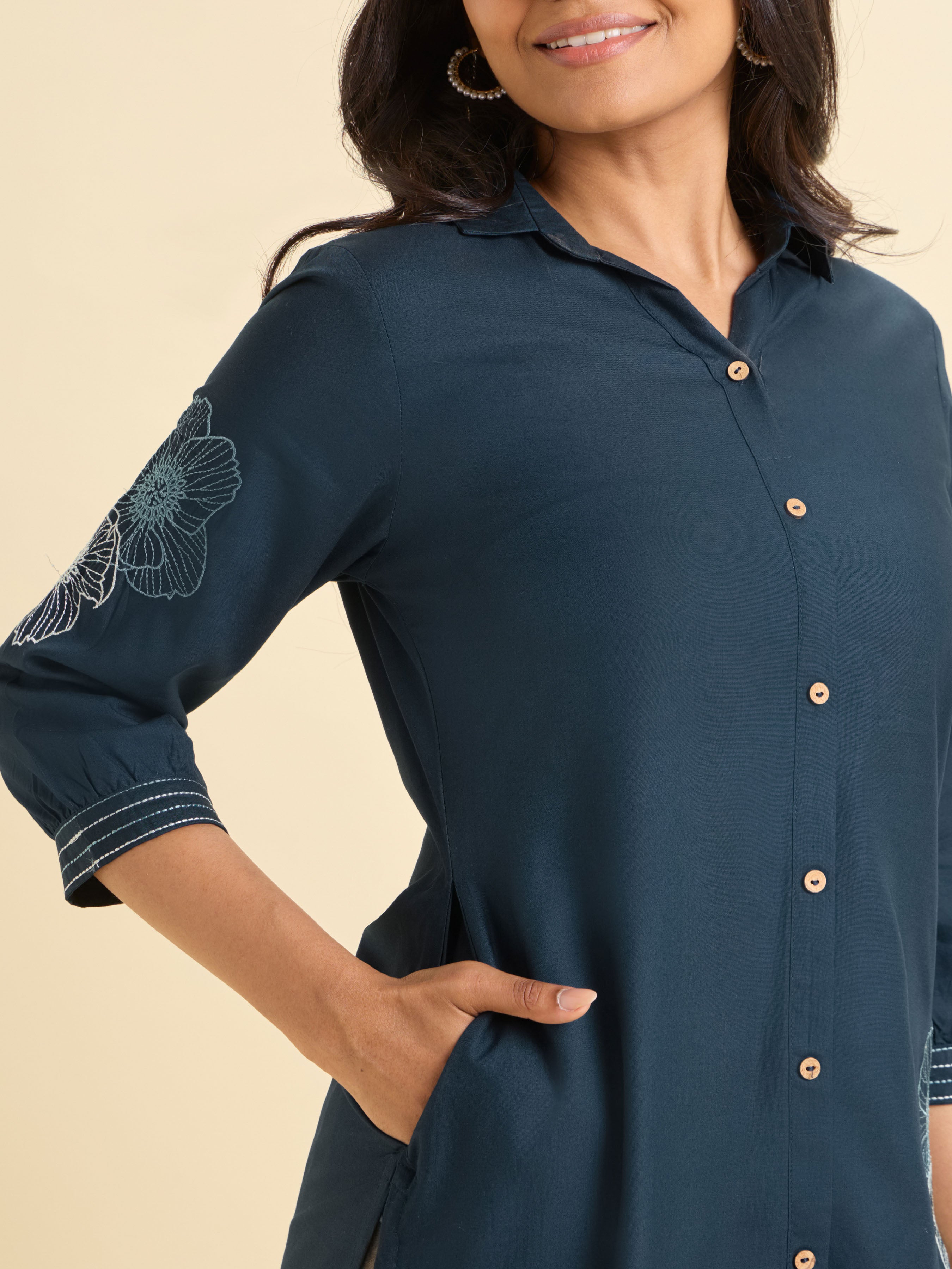 Teal Viscose Plain Slitted Kurti With Embroidery