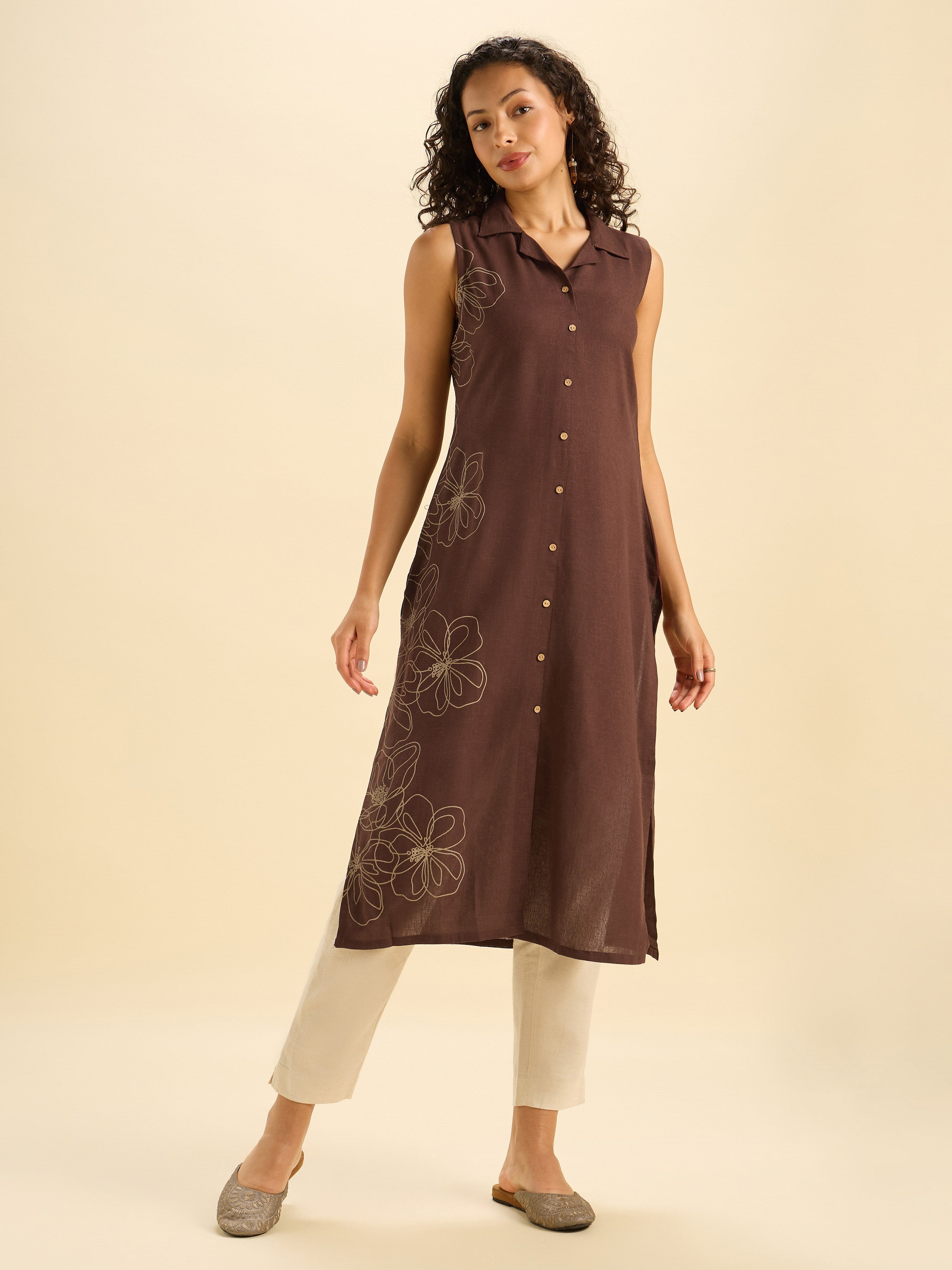 Coffee Brown Viscose Linen Slited Kurti With Placement Print