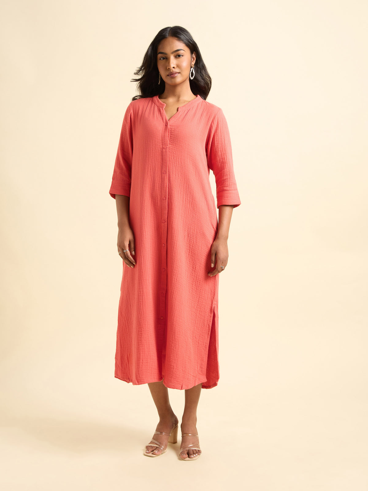 Coral Colour Cotton Double Cloth Plain Kurti With Flared Centre Cut Relaxed Fit Curved Hem