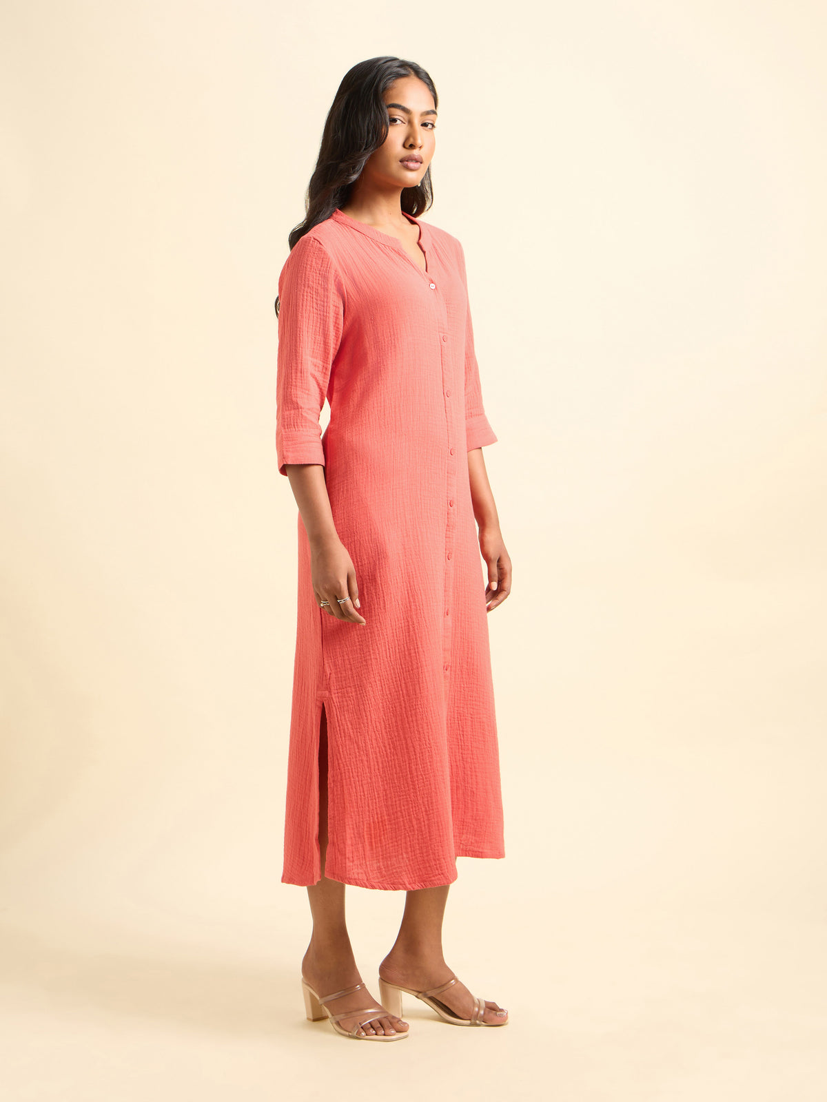 Coral Colour Cotton Double Cloth Plain Kurti With Flared Centre Cut Relaxed Fit Curved Hem