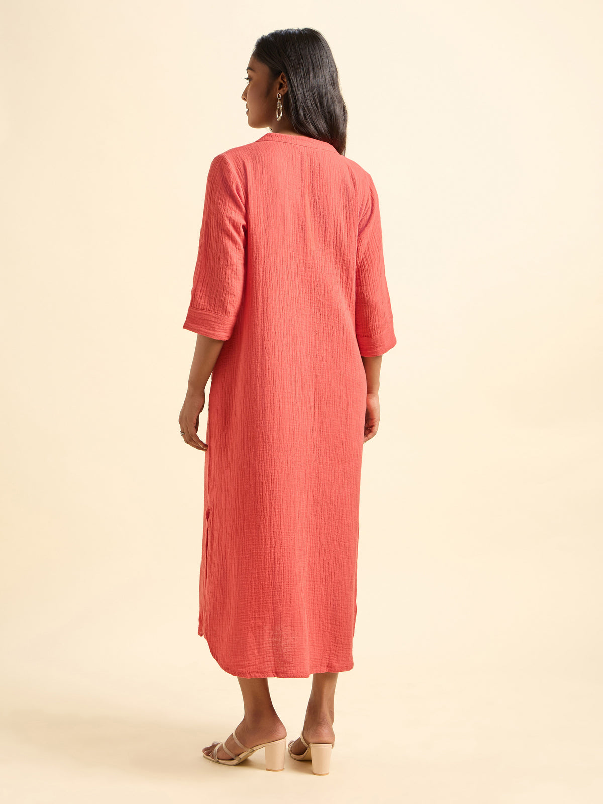 Coral Colour Cotton Double Cloth Plain Kurti With Flared Centre Cut Relaxed Fit Curved Hem