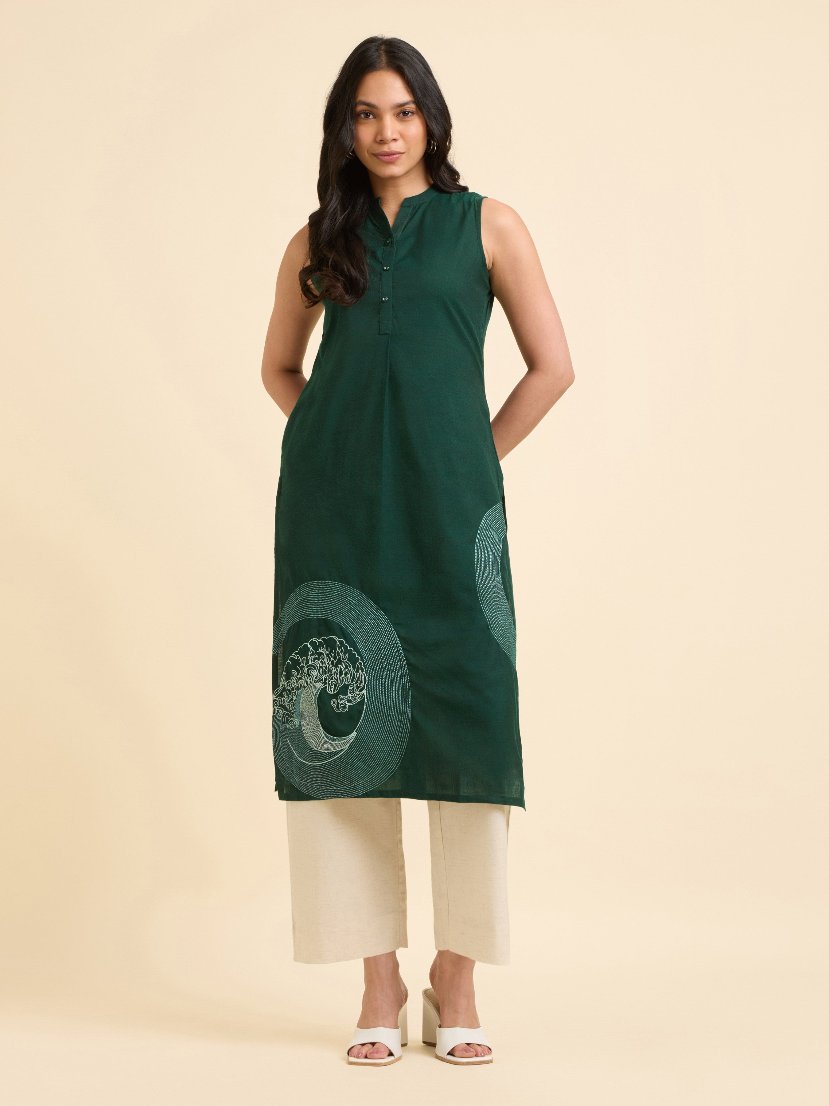 Green Cotton Viscose Slub Plain Kurti With Knife Pleat And Embroidery