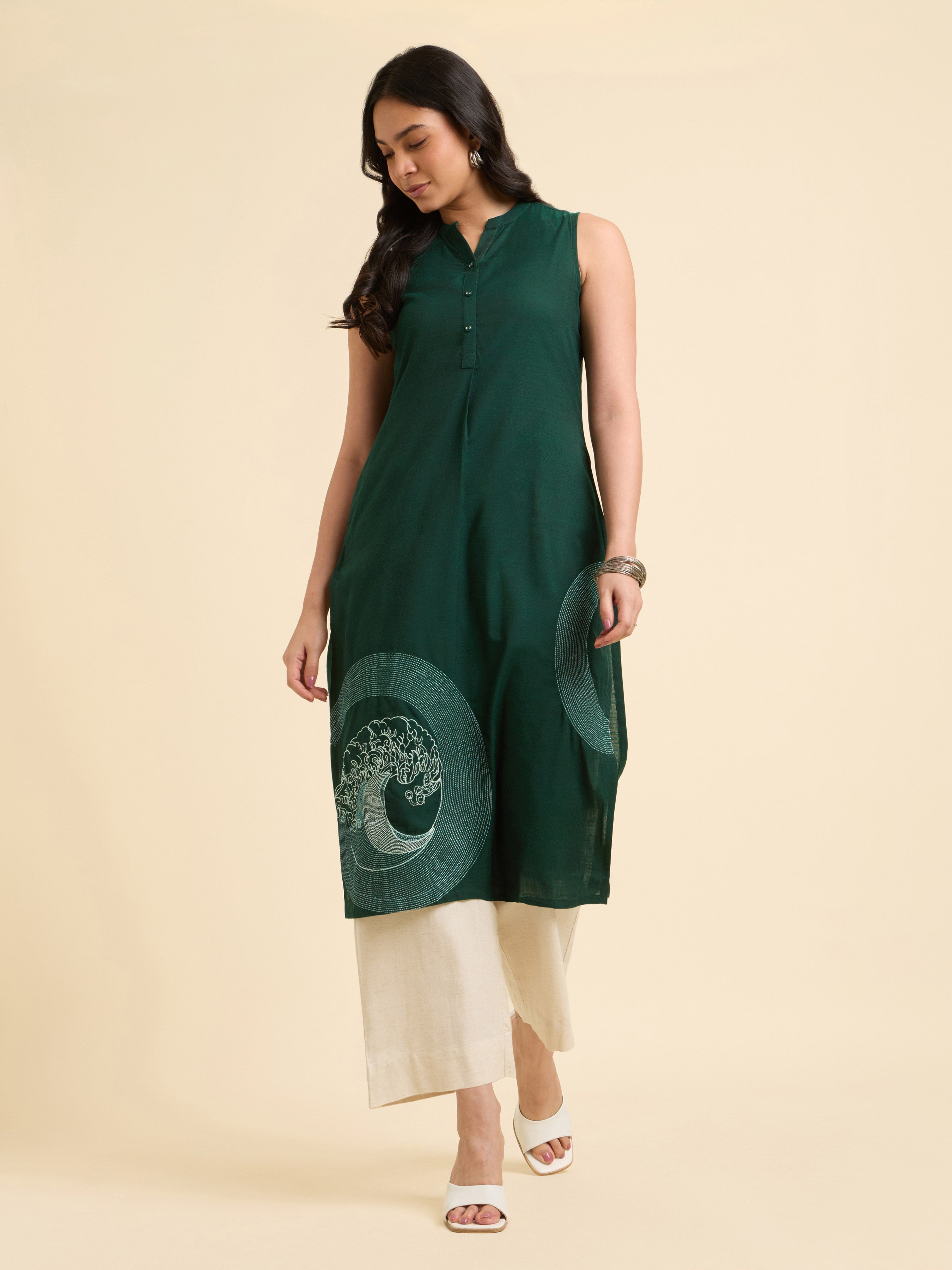 Green Cotton Viscose Slub Plain Kurti With Knife Pleat And Embroidery