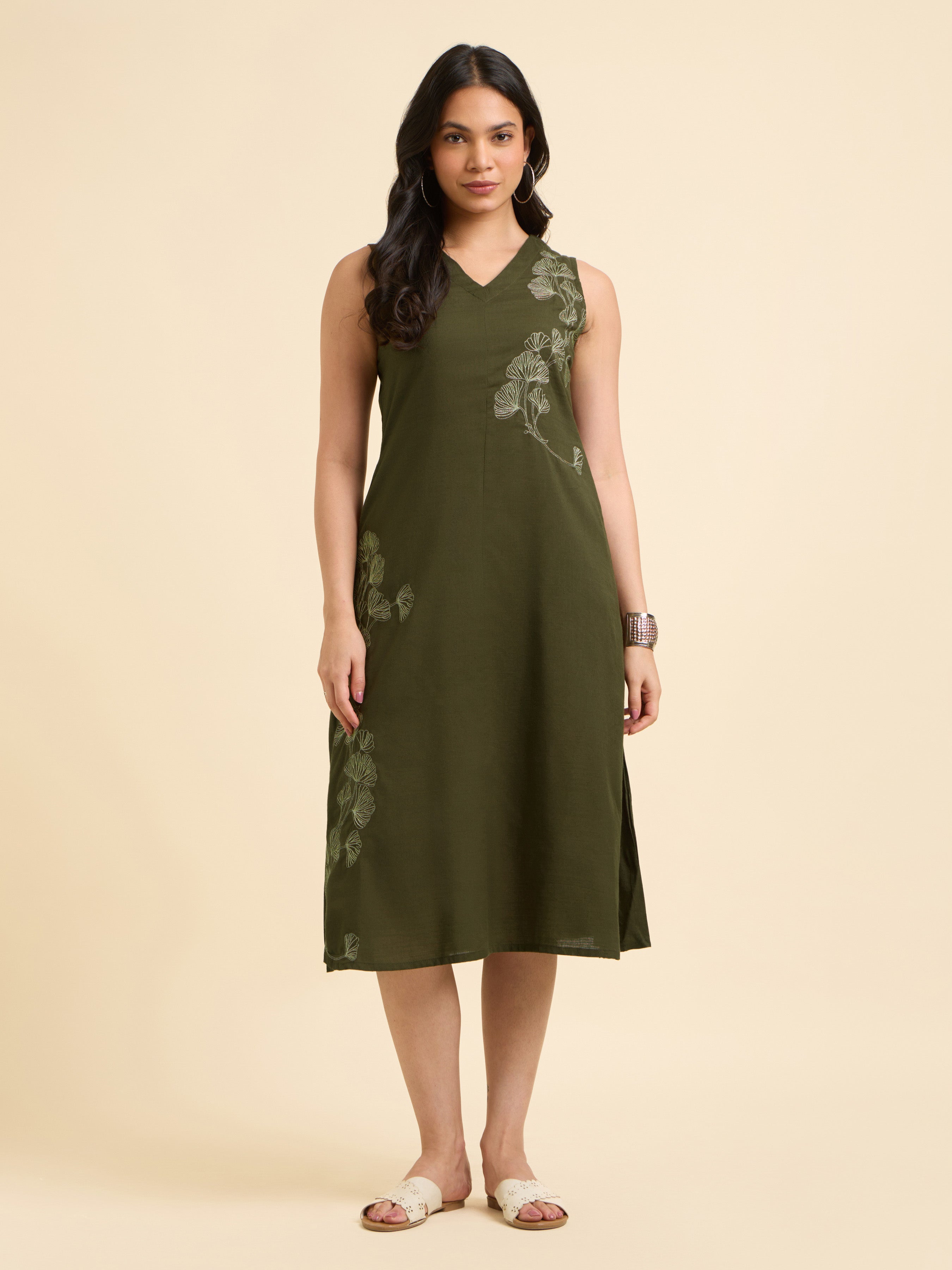 Dark Olive Green Cotton Viscose Slub Flared Plain Kurti With Embroidery