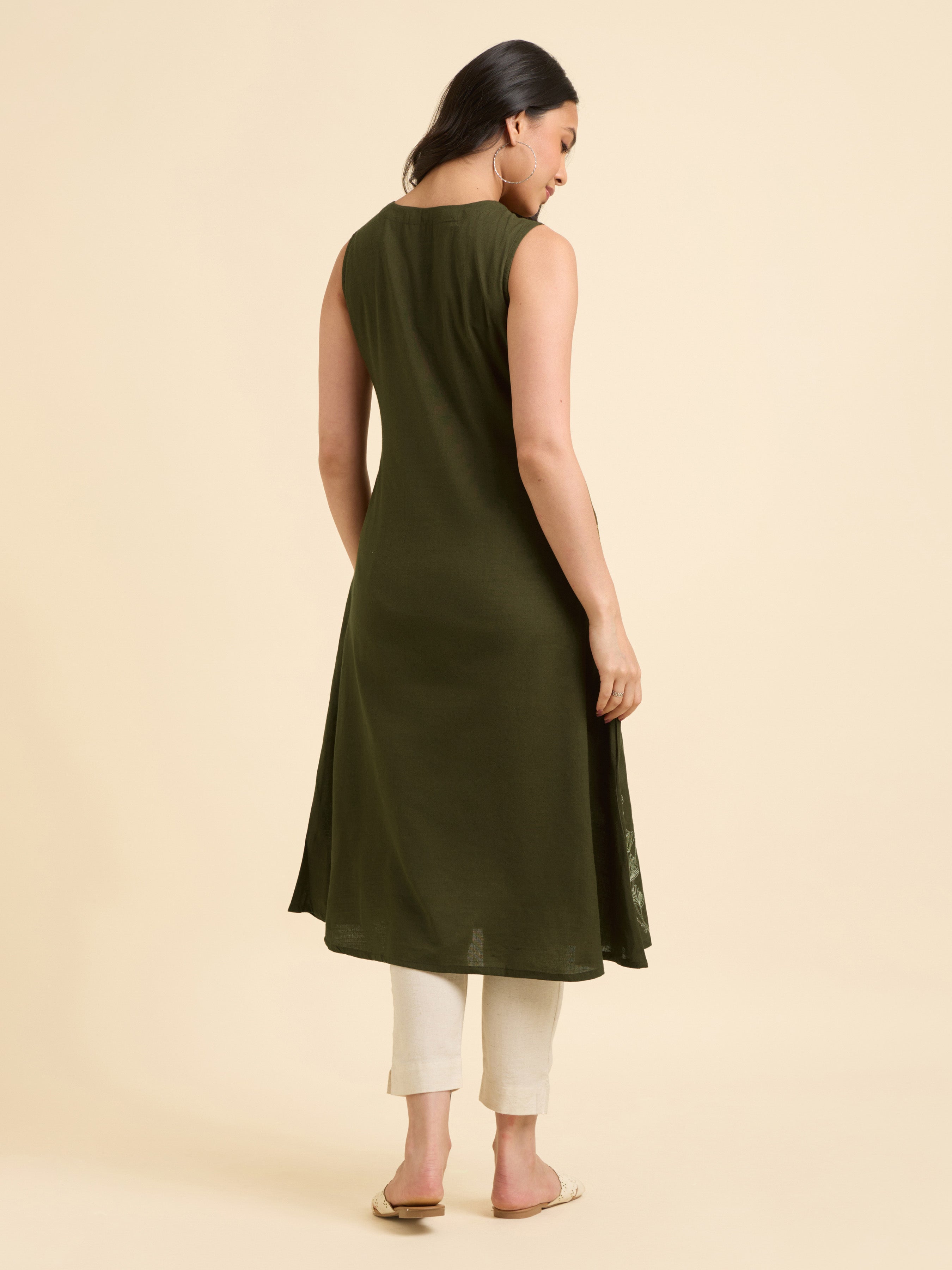 Dark Olive Green Cotton Viscose Slub Flared Plain Kurti With Embroidery