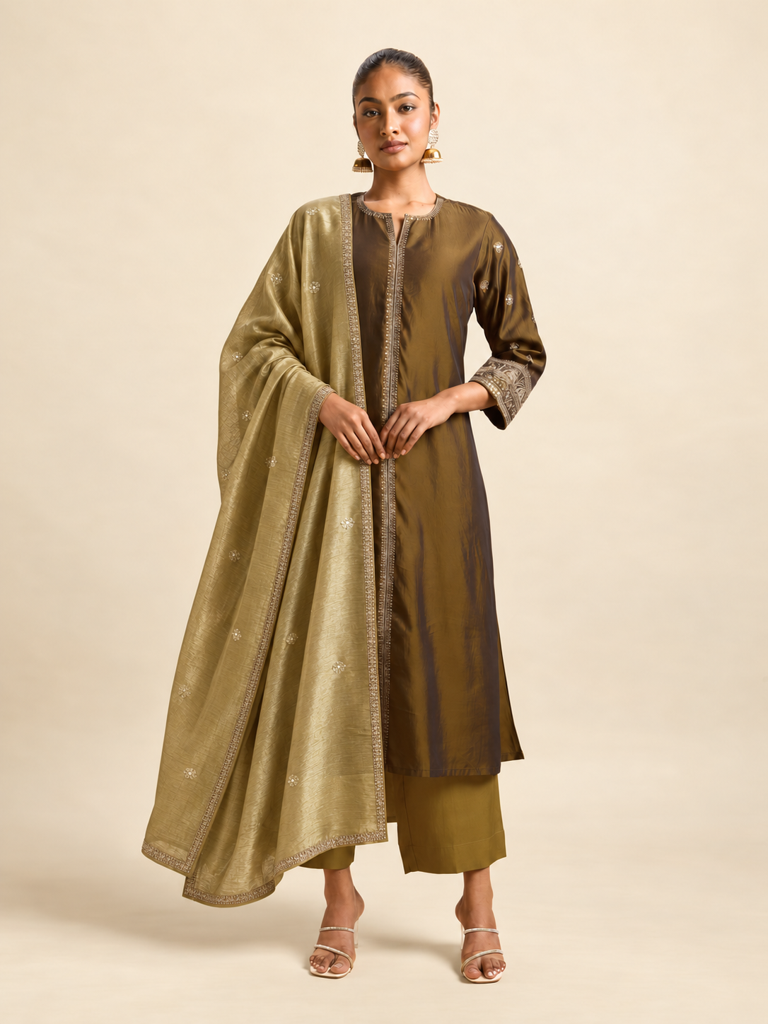 Dark Olive Poly Viscose Plain Kurti Set With Embroidery And Sequins Work Styled With Border Embroidery  Dupatta