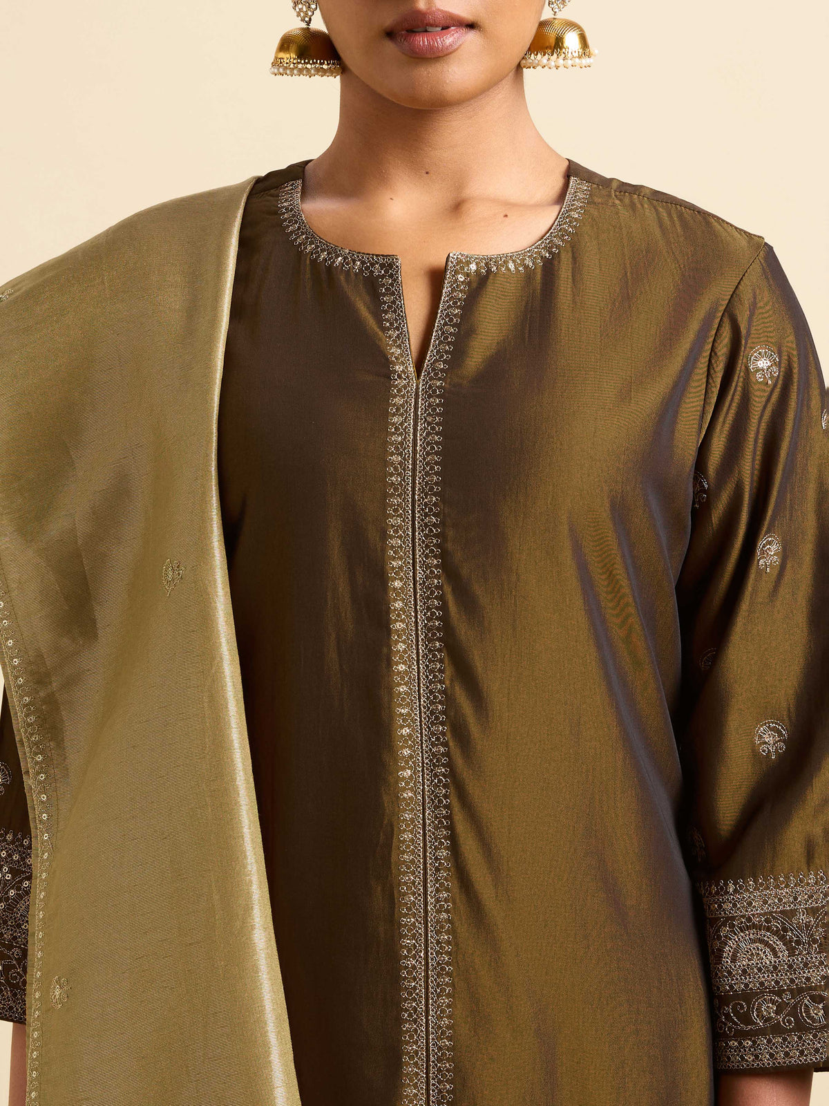 Dark Olive Poly Viscose Plain Kurti Set With Embroidery And Sequins Work Styled With Border Embroidery  Dupatta