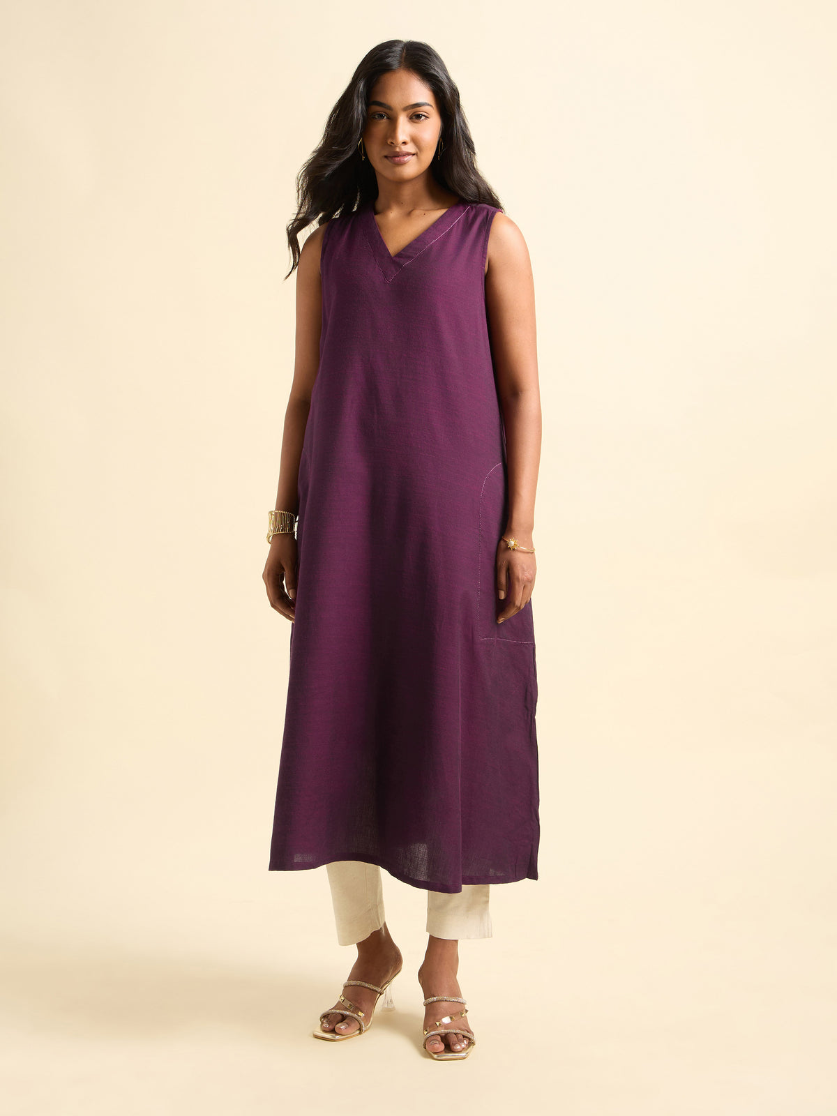 Dark Purple Cotton Viscose Slub Flared Kurti With Pouch Pocket And Minimal Embroidery Detailing
